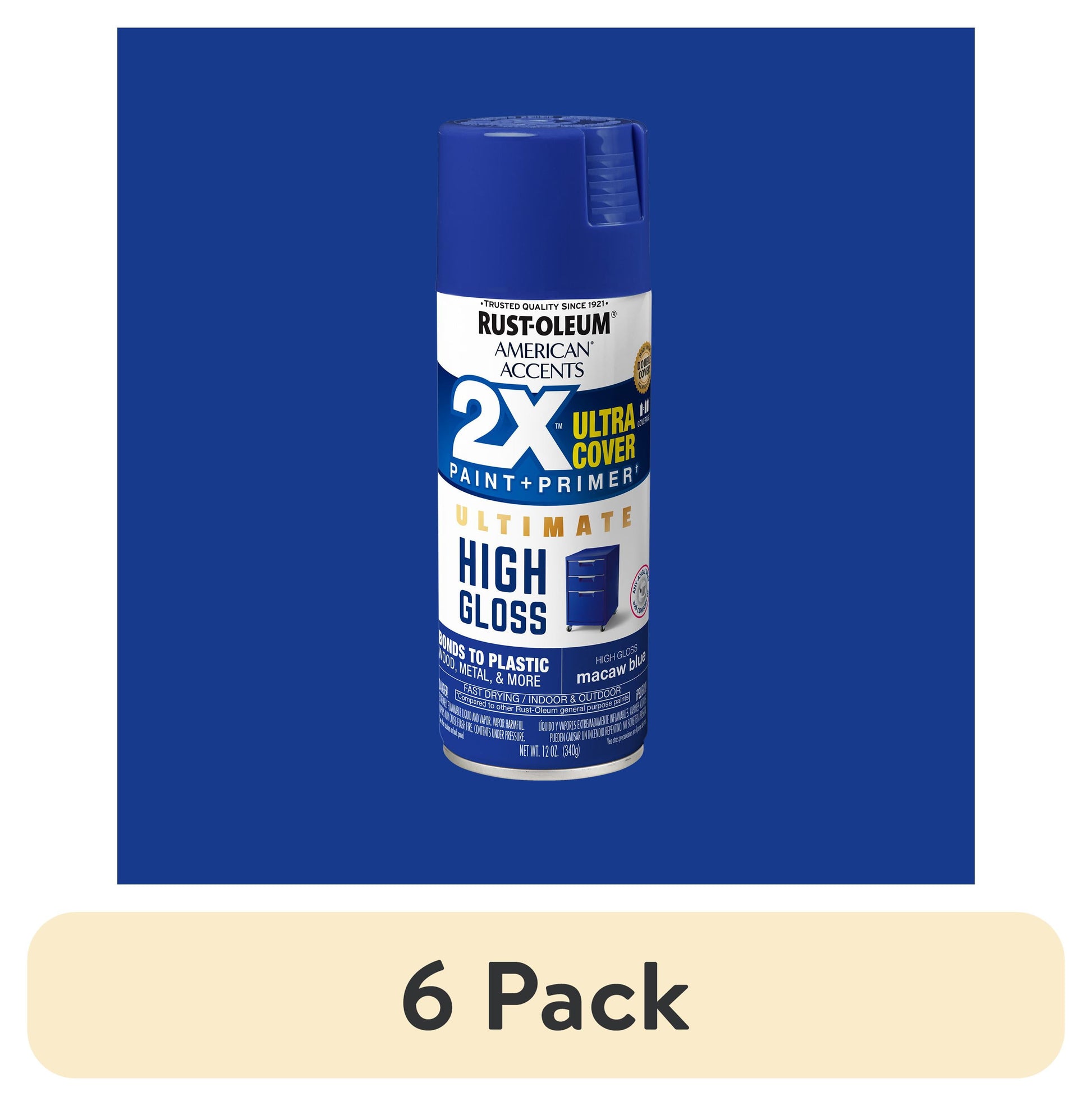 (6 pack) Macaw Blue, Rust-Oleum American Accents 2X Ultra Cover High Gloss Spray Paint-344689, 12 oz