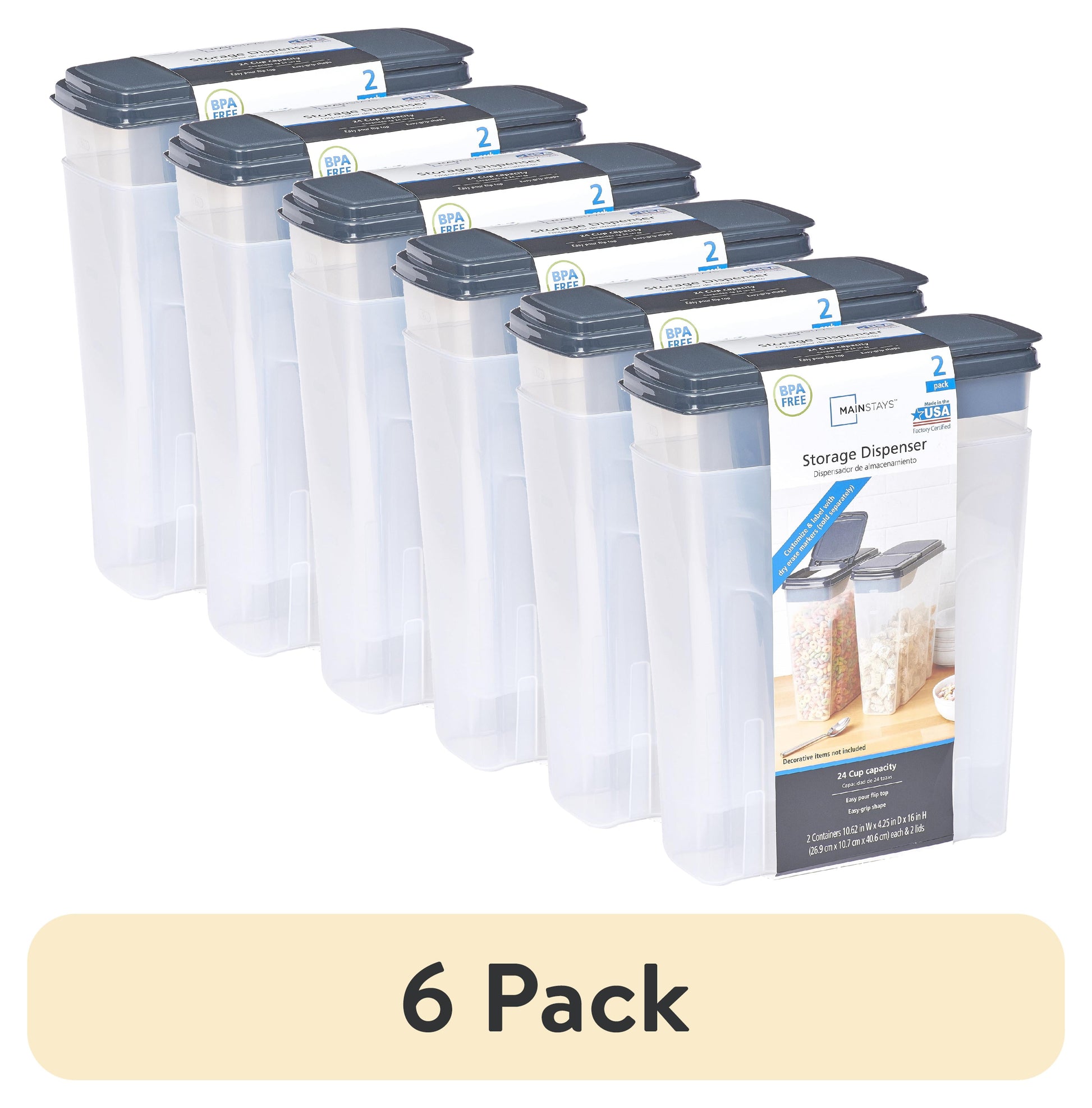(6 pack) Mainstays 2-Pack Plastic Cereal Keeper Storage Containers, Kitchen Pantry Organizer Canisters for Cereal and Dry Food Storage, 24 Cup Capacity, Dark Gray Lid