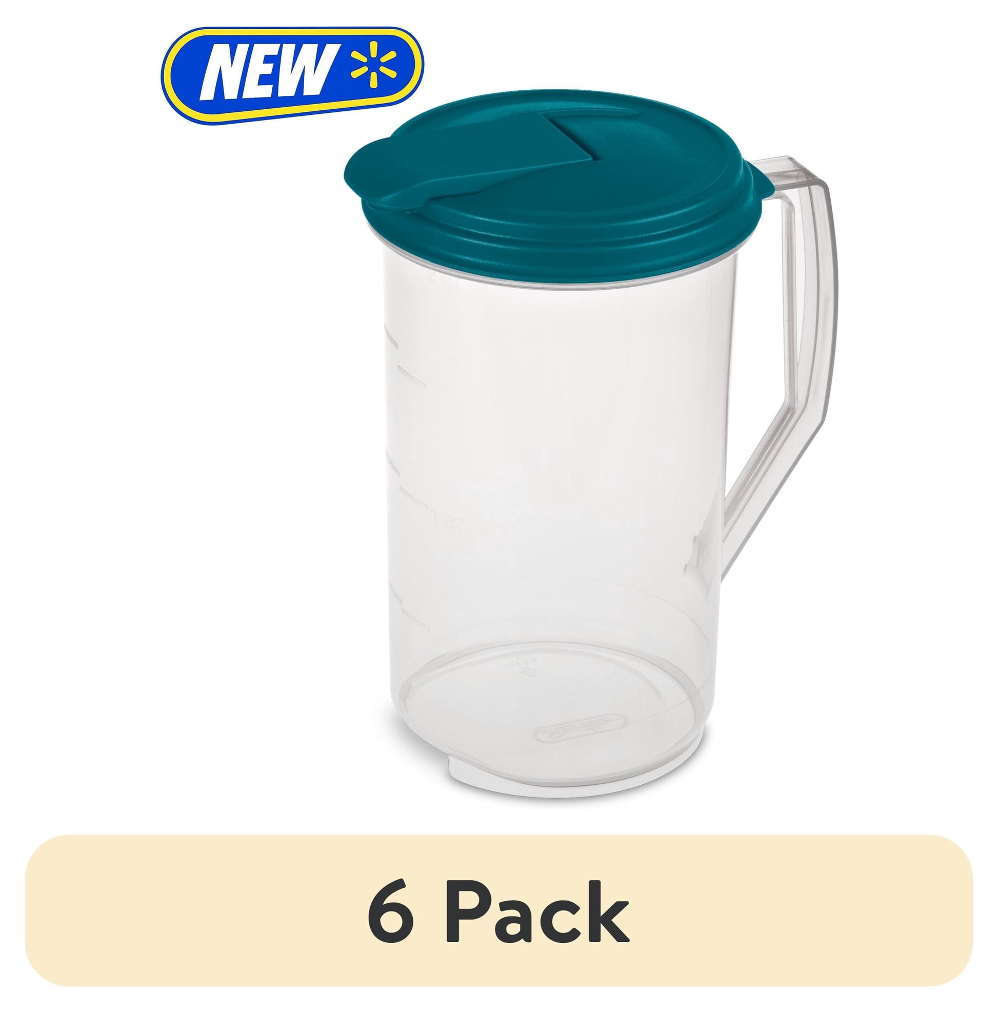(6 pack) Mainstays 2 Quart Round Pitcher, Clear Plastic with Flip-top Spout, Handle and Measure Marks, BPA-Free, Teal Lid