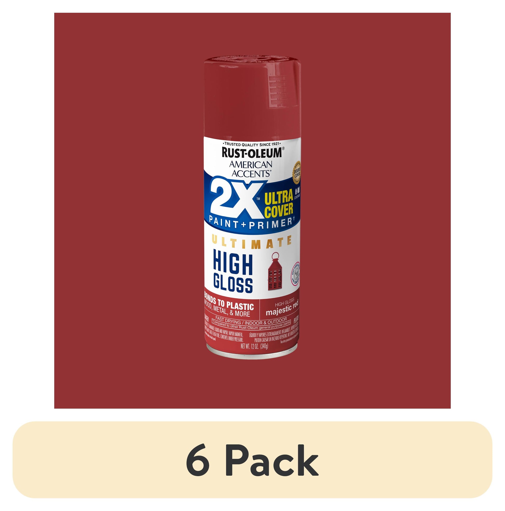(6 pack) Majestic Red, Rust-Oleum American Accents 2X Ultra High Gloss Spray Paint-371767, 12 oz