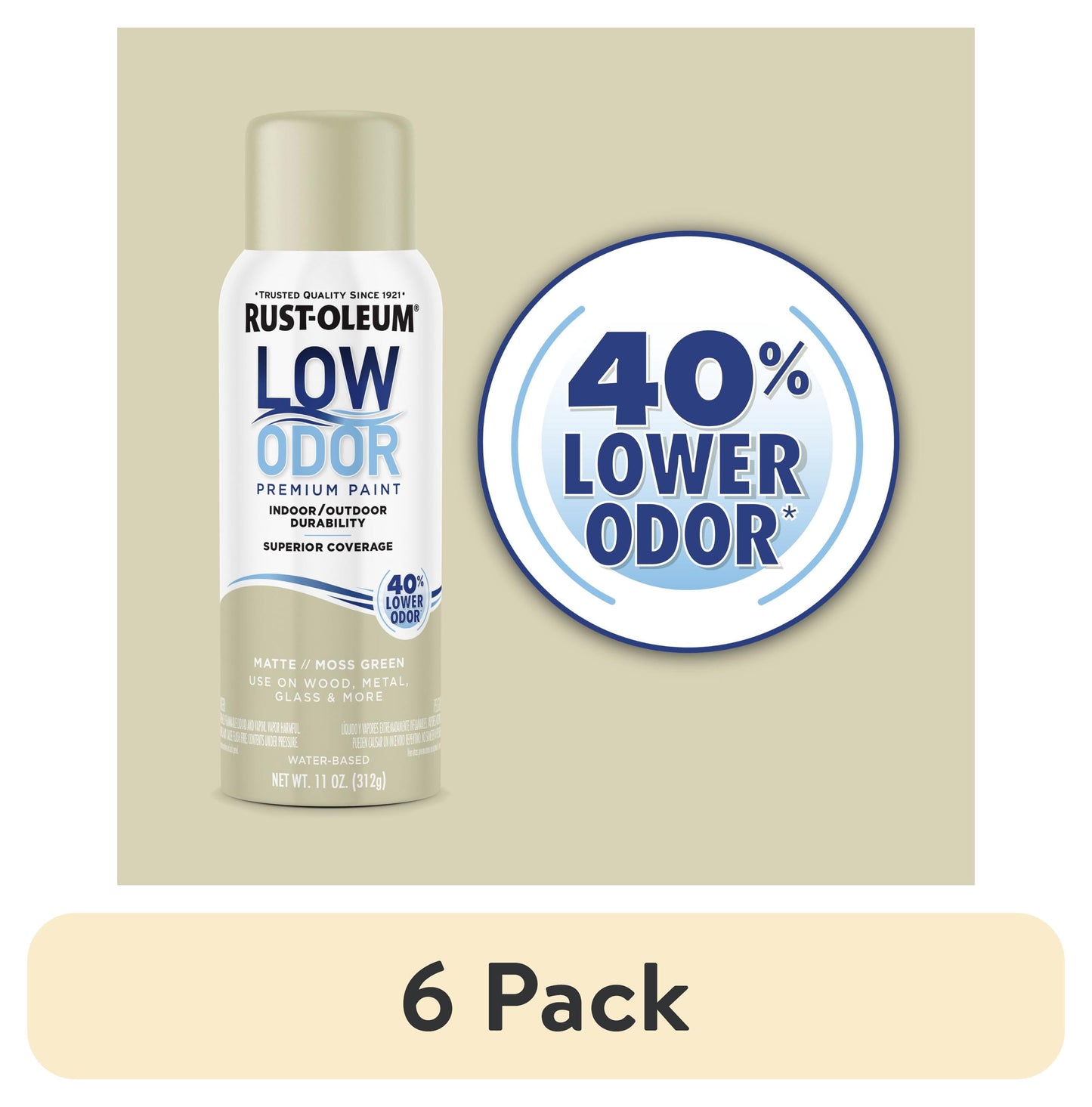 (6 pack) Moss Green, Rust-Oleum Low Odor Premium Matte Spray Paint- 11 oz