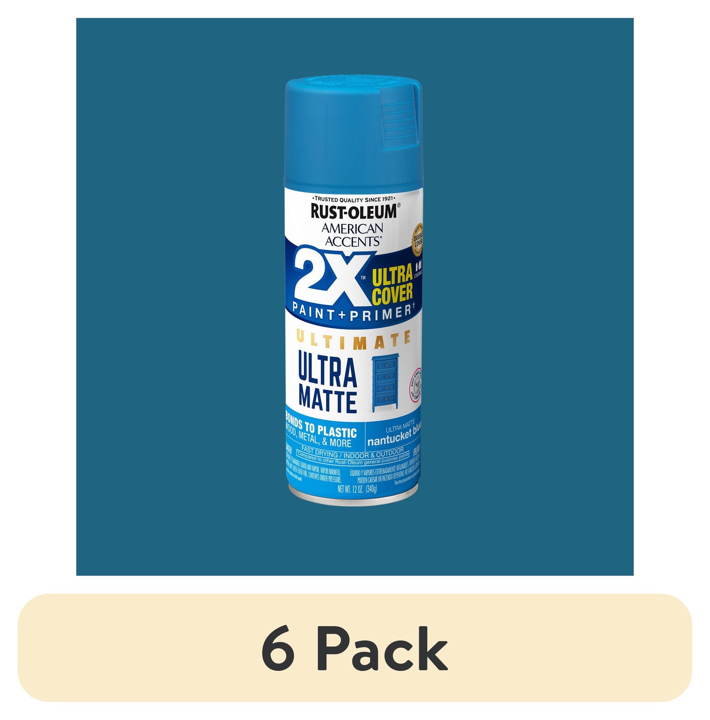 (6 pack) Nantucket Blue, Rust-Oleum American Accents 2X Ultra Cover Ultra Matte Spray Paint-328400, 12 oz