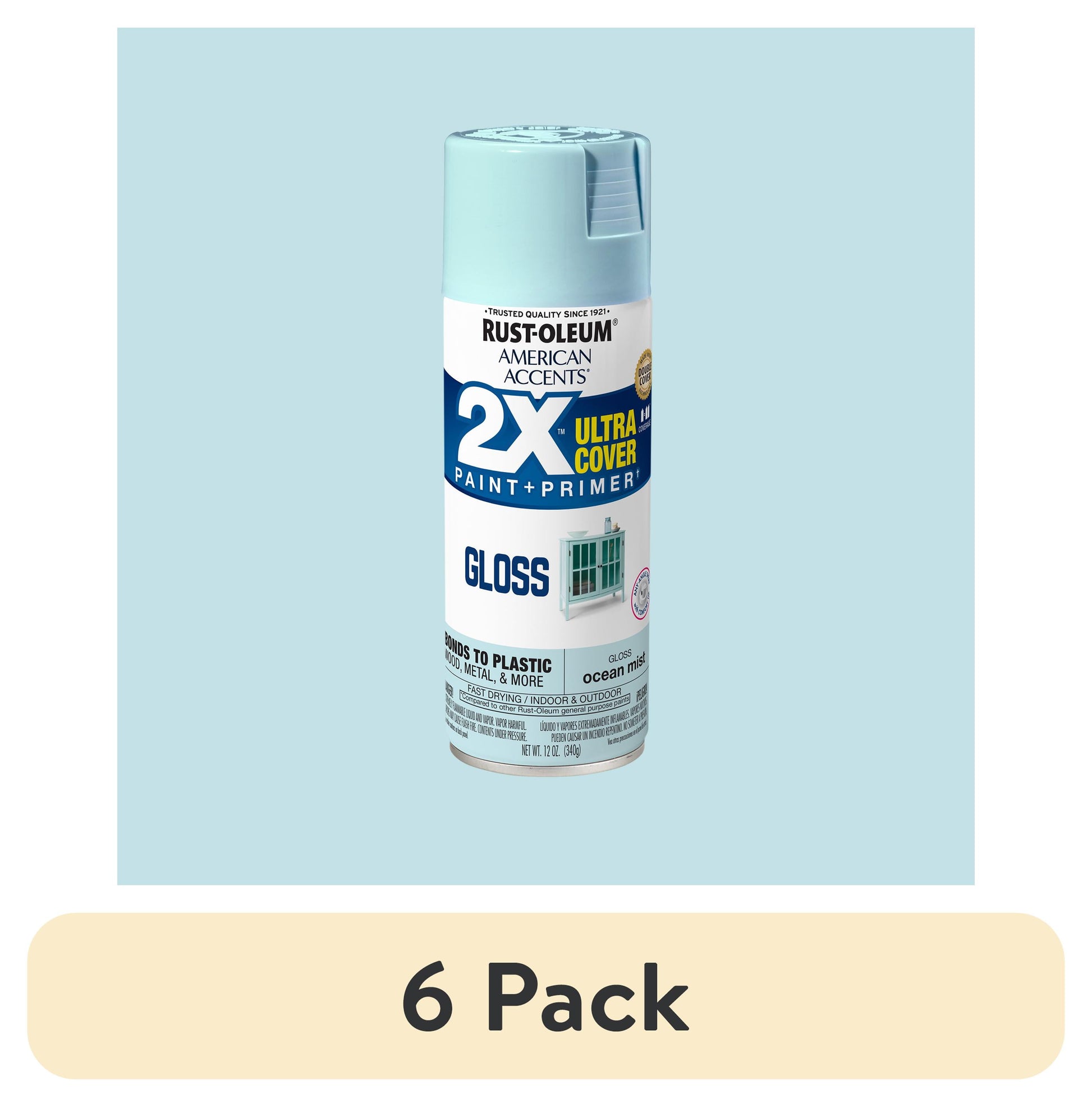 (6 pack) Ocean Mist, Rust-Oleum American Accents 2X Ultra Cover Gloss Spray Paint-327905, 12 oz