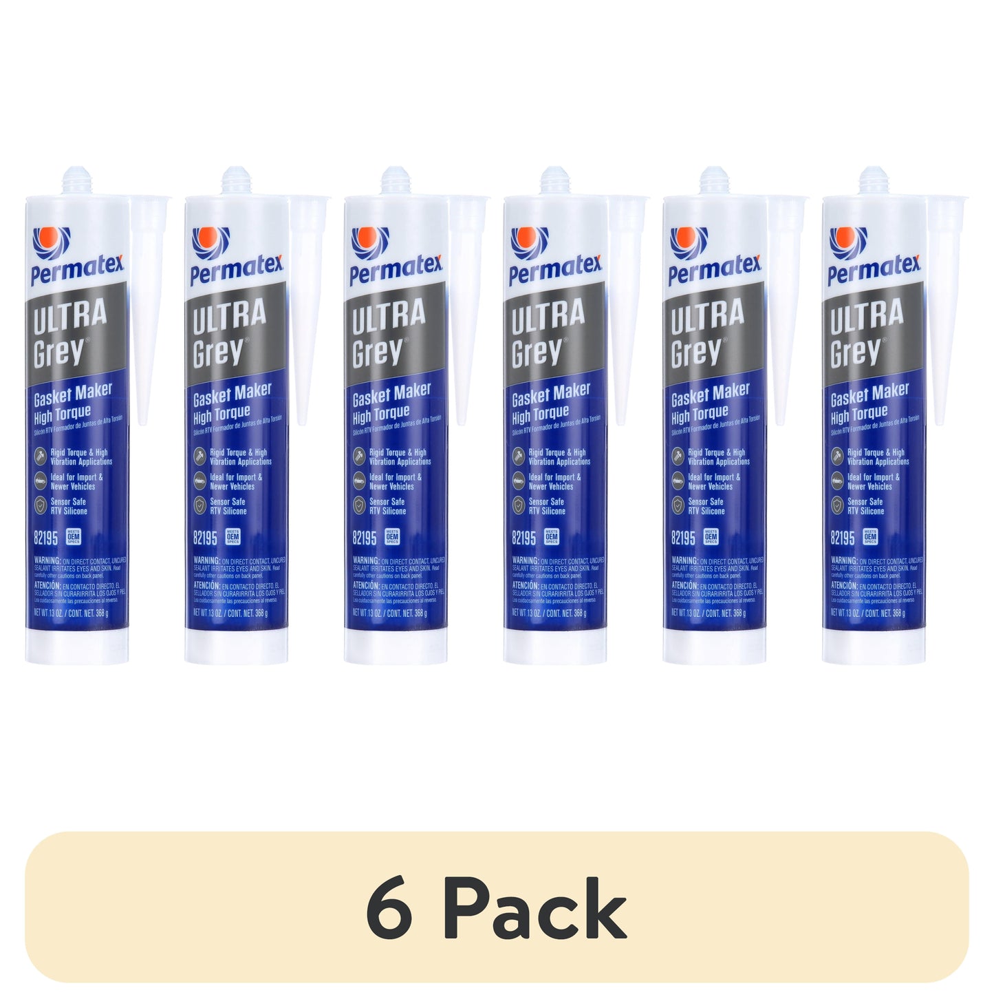 (6 pack) Permatex Ultra Grey Rigid High-Torque RTV Silicone Gasket Maker Adhesive, 13oz - 82195