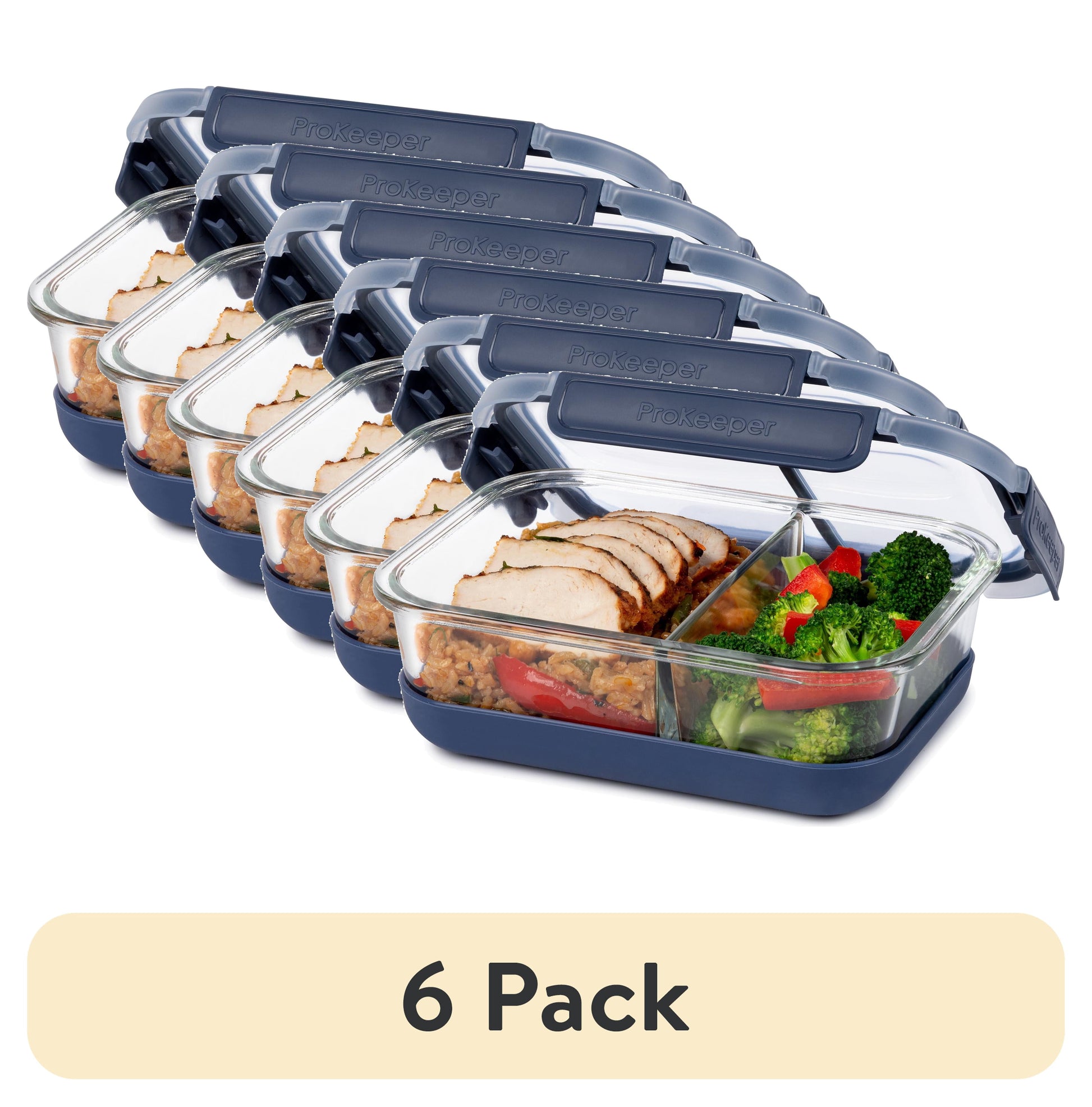 (6 pack) ProKeeper+ Borosilicate Glass Lunch and Salad Storage Container with Silicone Base and Snap-Lock Lid