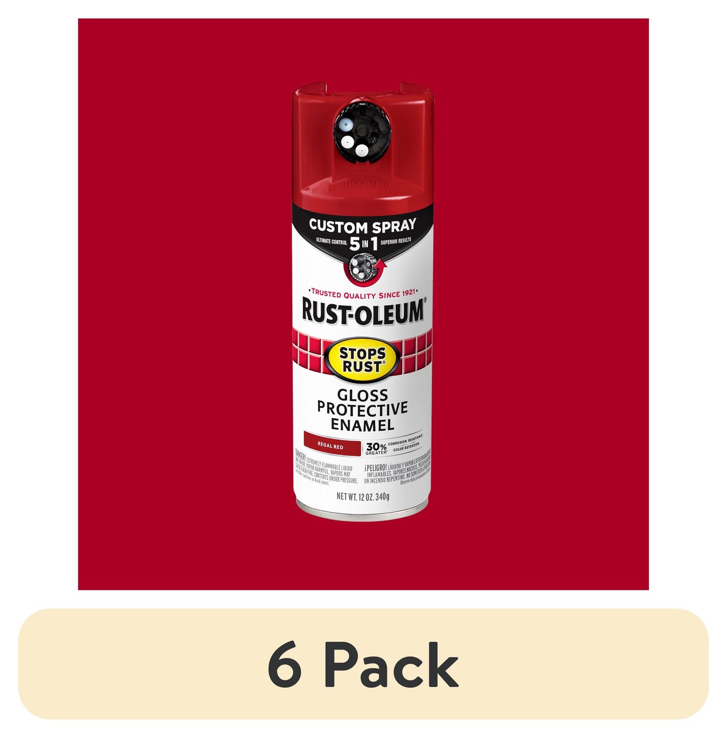 (6 pack) Regal Red, Rust-Oleum Stops Rust Custom Sprays 5 in 1 Gloss Spray Paint-376895, 12 oz