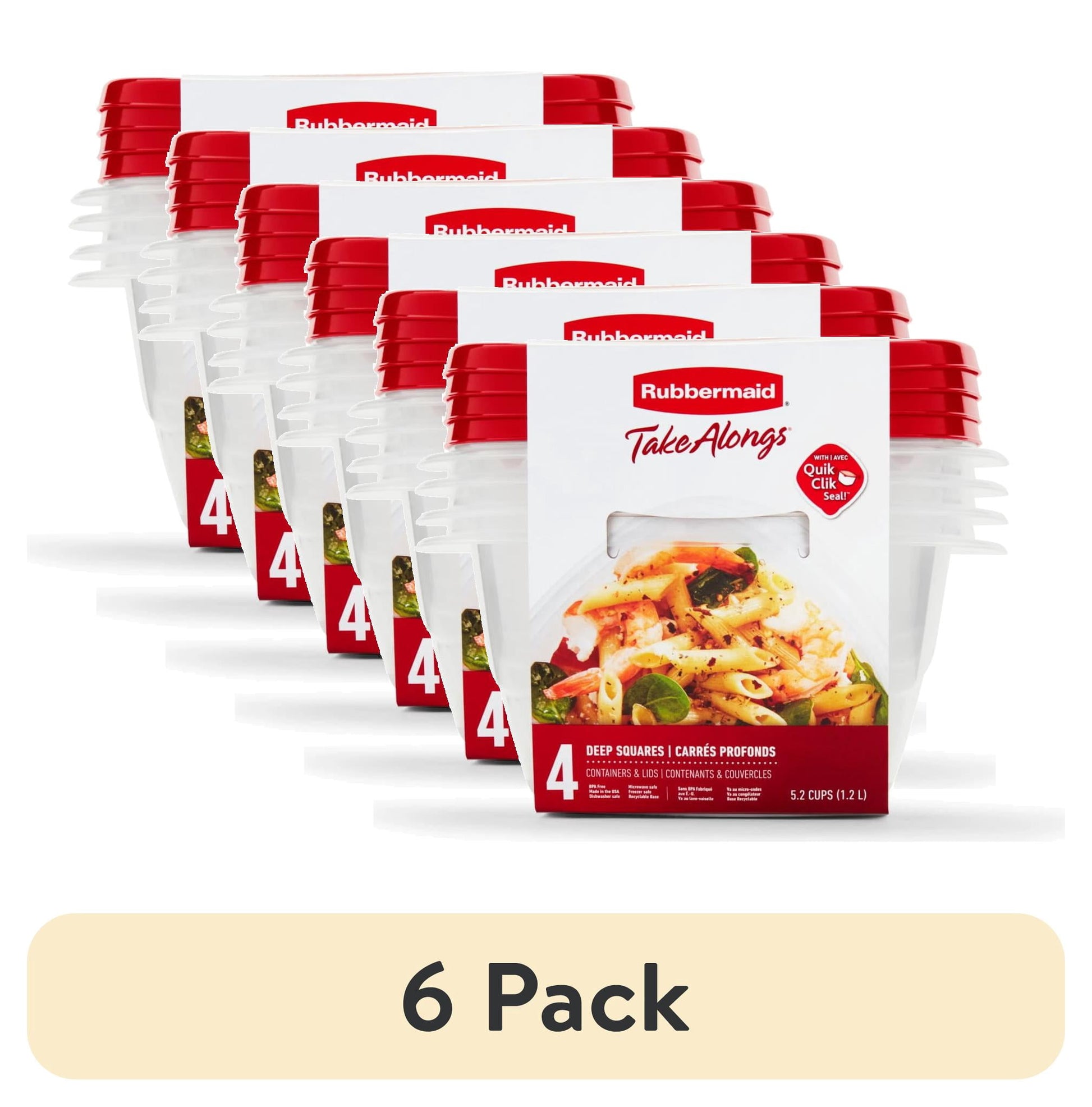 (6 pack) Rubbermaid TakeAlongs 5.2-Cup Deep Squares Food Storage Containers, 4-Pack, Chili, Ideal Use for Meal Prep and Batch Cooking