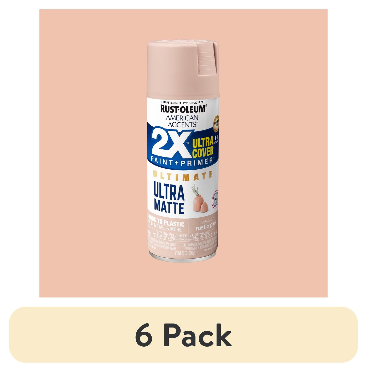 (6 pack) Rustic Pink, Rust-Oleum American Accents 2X Ultra Cover Ultra Matte Spray Paint-352597, 12 oz