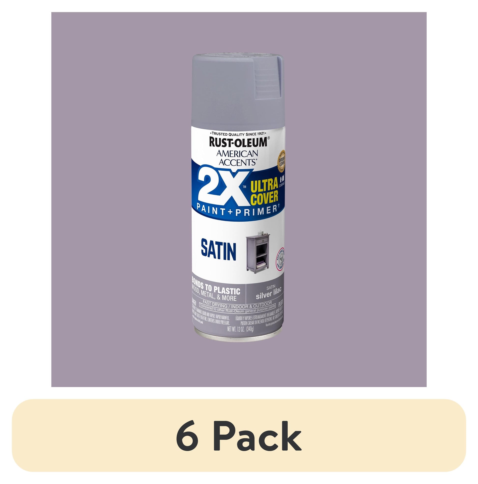 (6 pack) Silver Lilac, Rust-Oleum American Accents 2X Ultra Cover Satin Spray Paint-329205, 12 oz