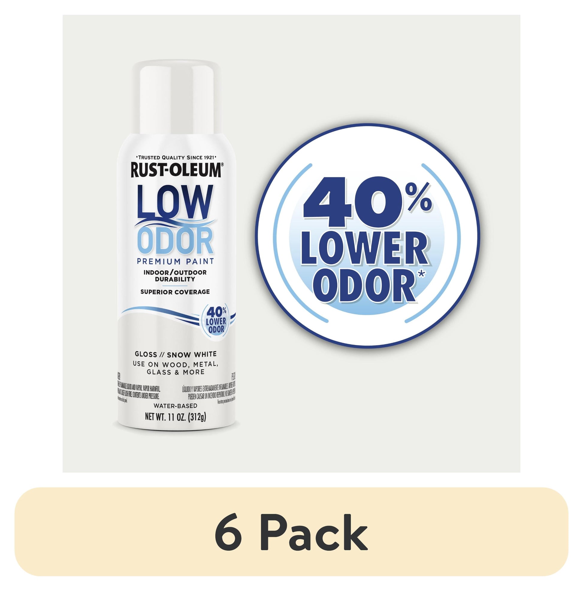 (6 pack) Snow White, Rust-Oleum Low Odor Premium Gloss Spray Paint-388274, 11 oz