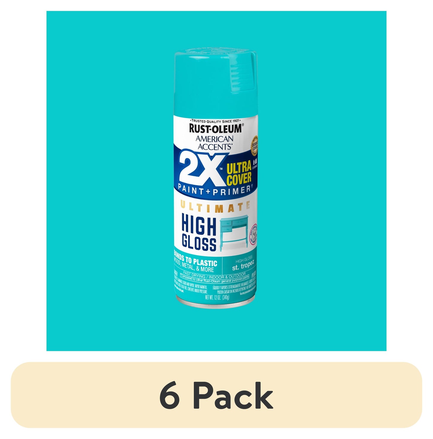 (6 pack) St. Tropez, Rust-Oleum American Accents Ultra Cover 2X High Gloss Spray Paint-328377, 12 oz