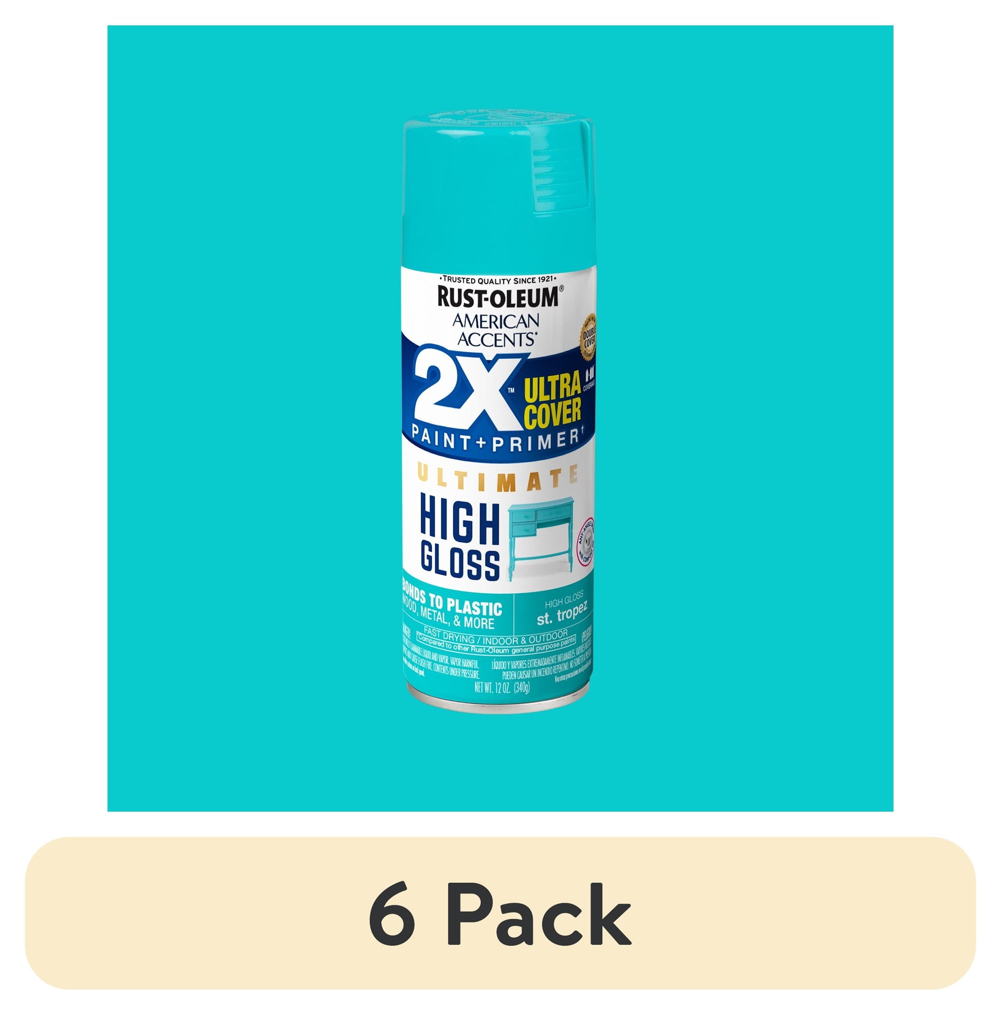 (6 pack) St. Tropez, Rust-Oleum American Accents Ultra Cover 2X High Gloss Spray Paint-328377, 12 oz