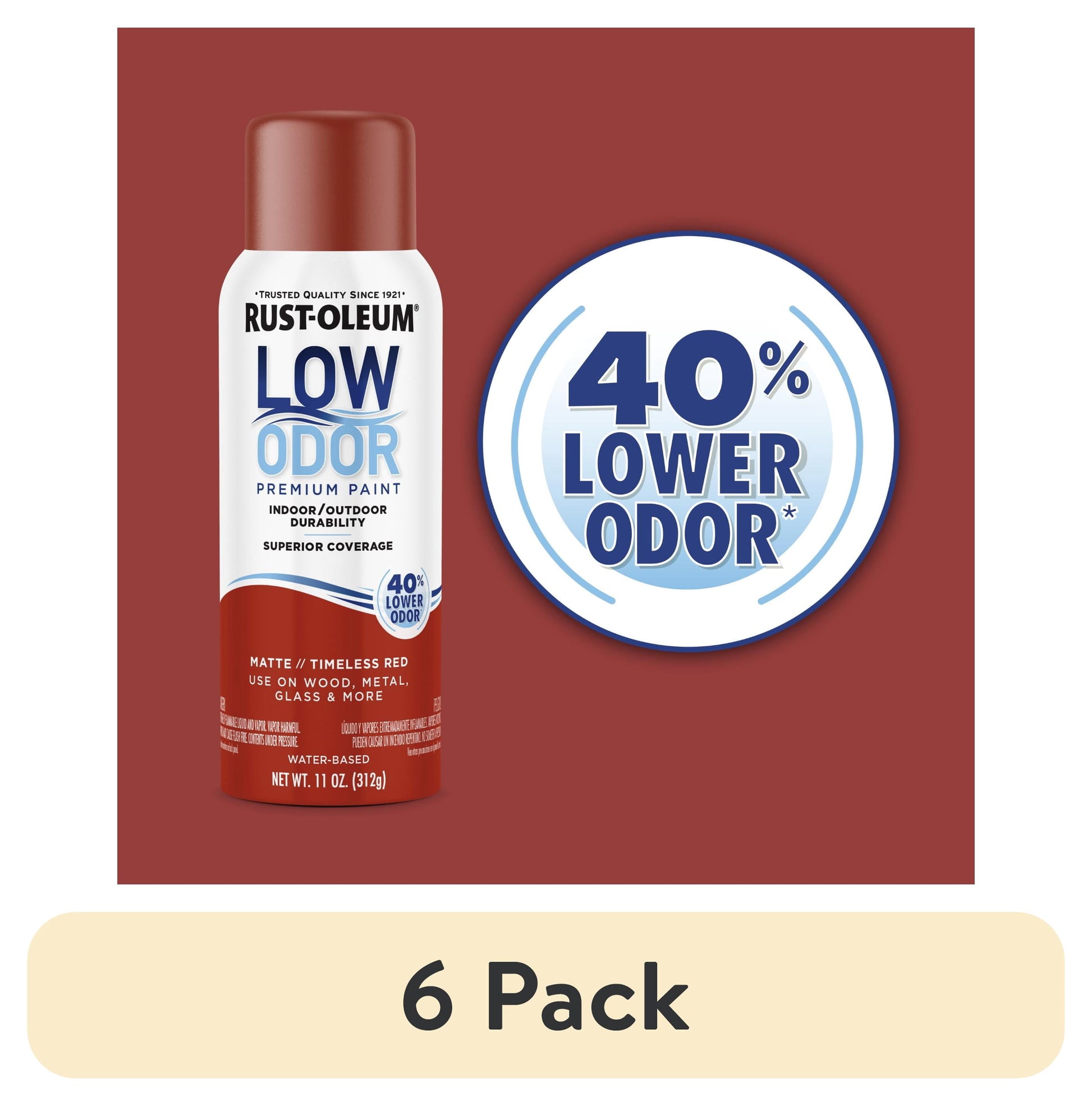 (6 pack) Timeless Red, Rust-Oleum Low Odor Premium Matte Spray Paint-388281, 11 oz