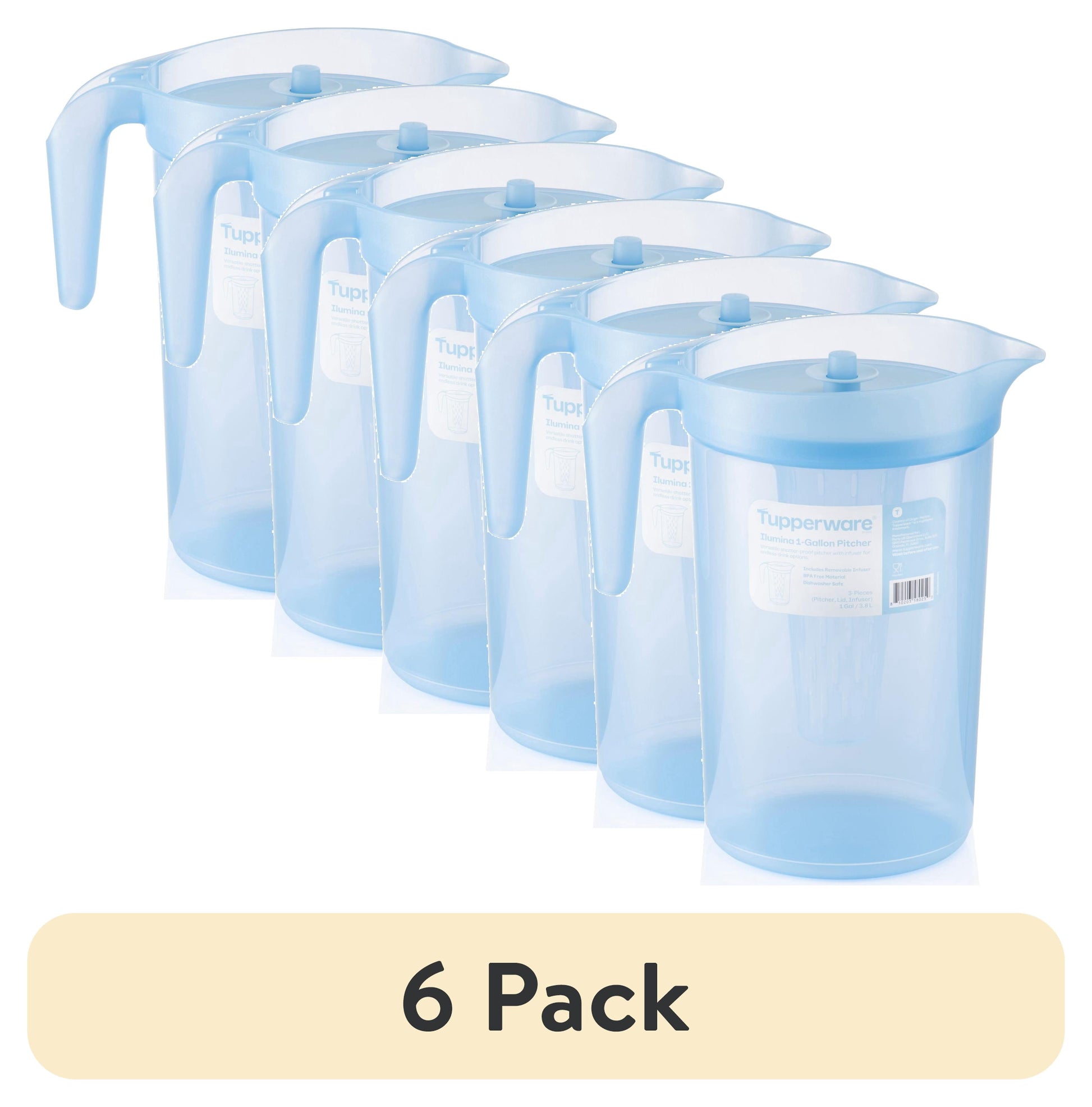 (6 pack) Tupperware Ilumina 1-Gallon Pitcher with Lid and Infuser, Blue