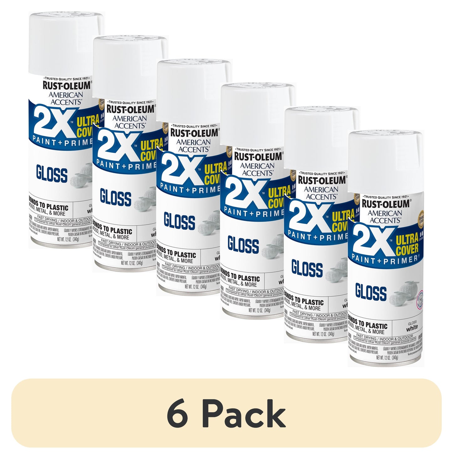 (6 pack) White, Rust-Oleum American Accents 2X Ultra Cover Gloss Spray Paint-327874, 12 oz
