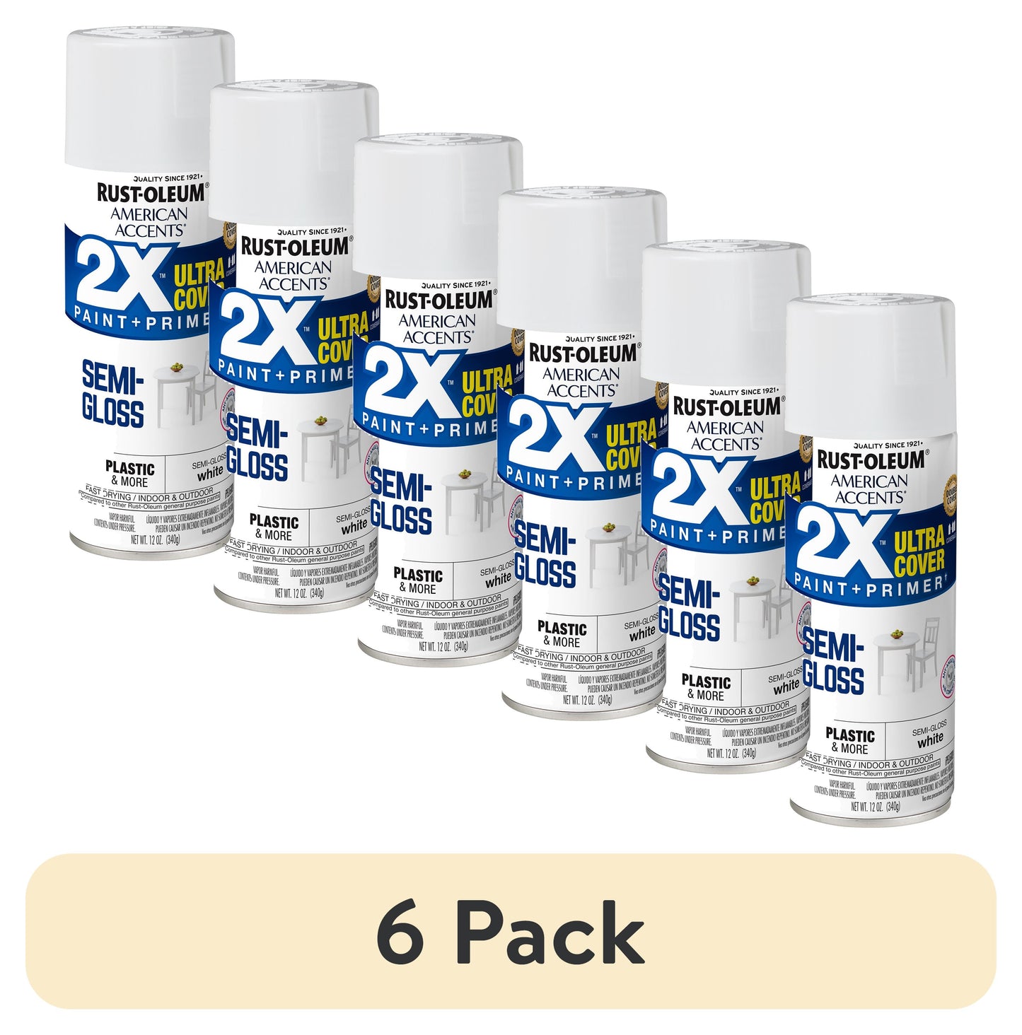 (6 pack) White, Rust-Oleum American Accents 2X Ultra Cover Semi-Gloss Spray Paint-327951, 12 oz