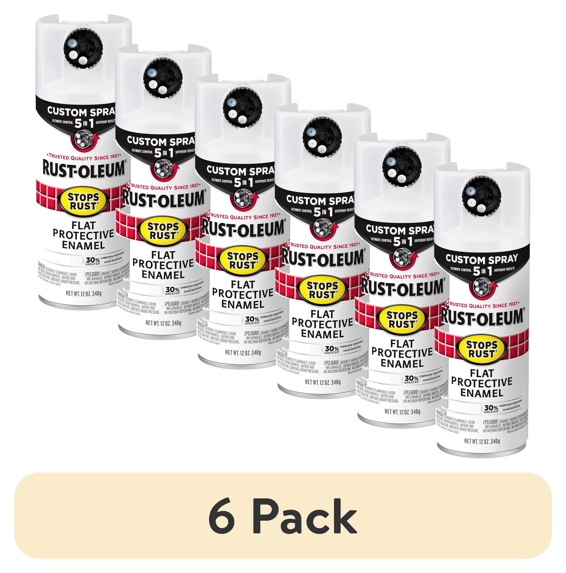 (6 pack) White, Rust-Oleum Stops Rust Custom Sprays 5 in 1 Flat Spray Paint-376856, 12 oz