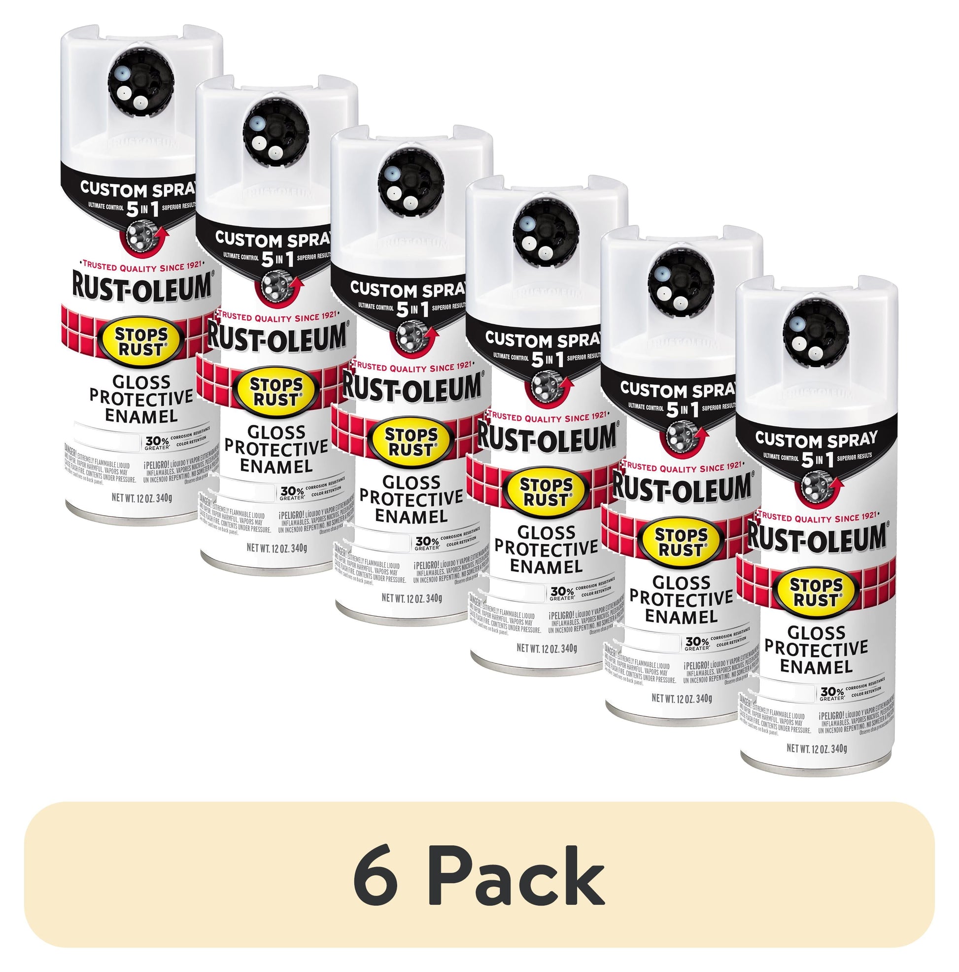 (6 pack) White, Rust-Oleum Stops Rust Custom Sprays 5 in 1 Gloss Spray Paint-376886, 12 oz