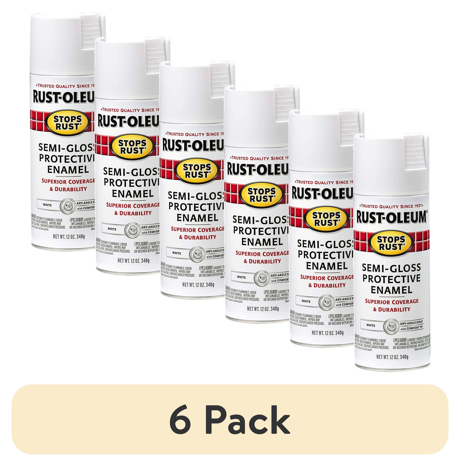 (6 pack) White, Rust-Oleum Stops Rust Protective Enamel Semi-Gloss Spray Paint-7797830, 12 oz