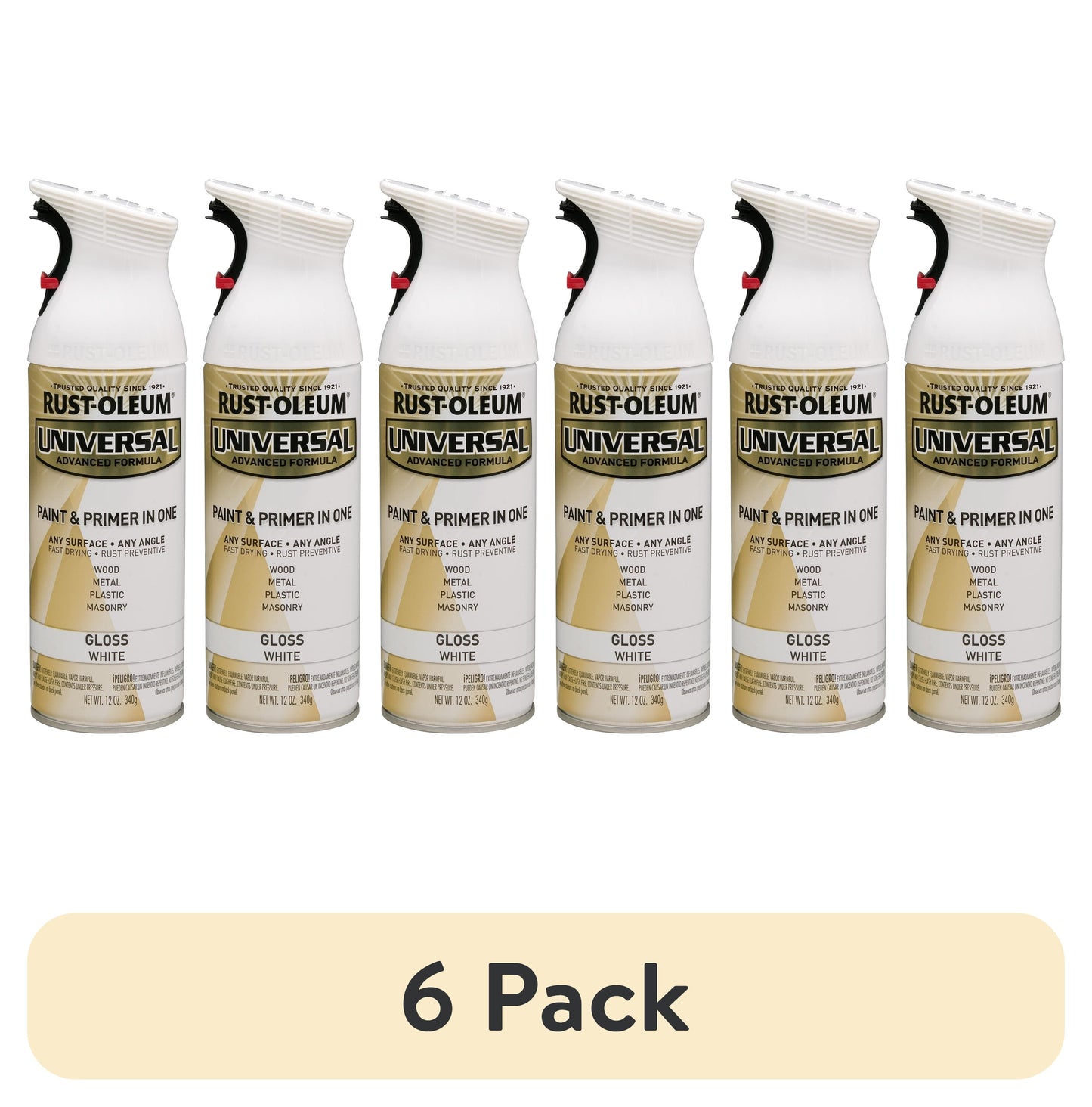 (6 pack) White, Rust-Oleum Universal Paint & Primer Gloss Spray Paint-245199, 12 oz