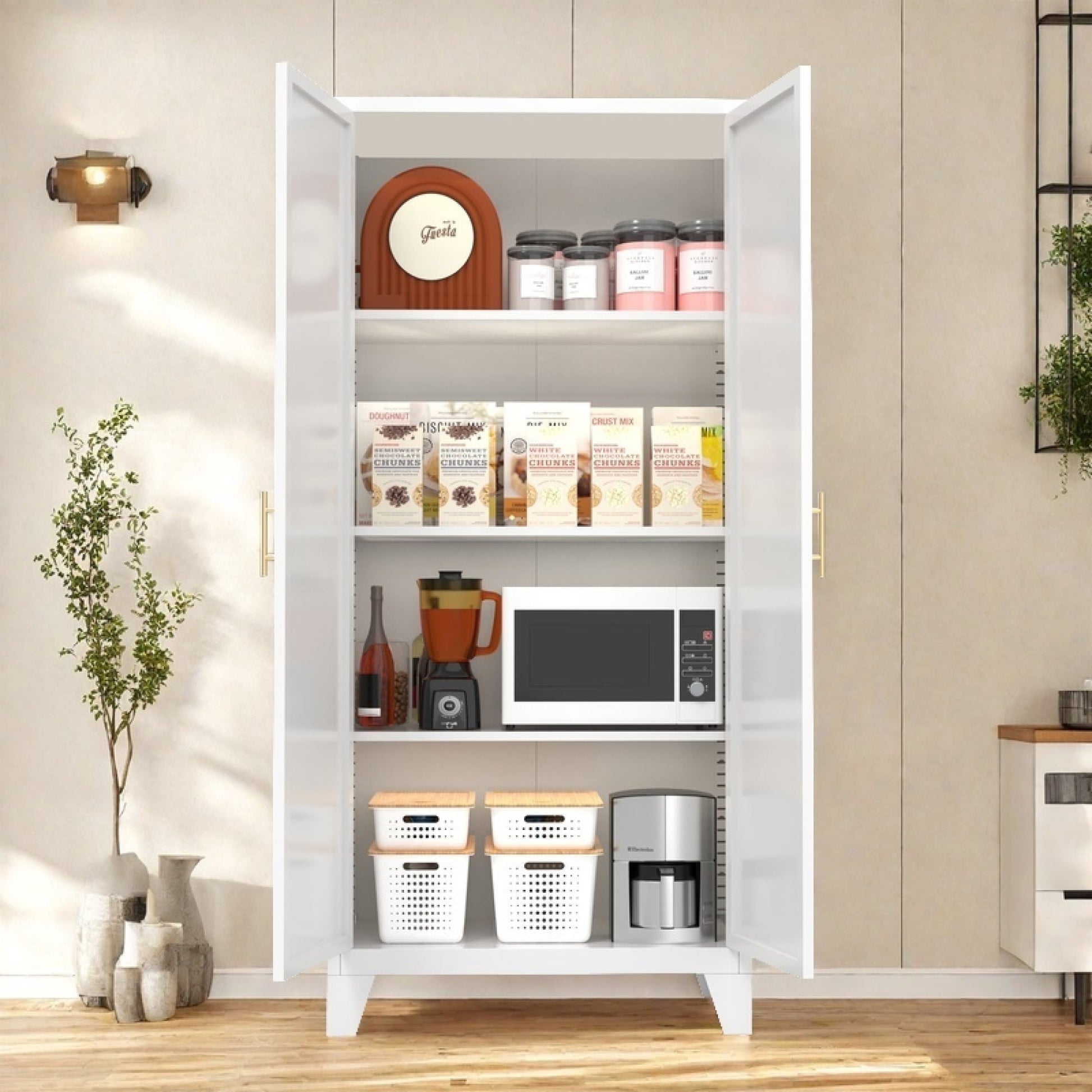 61" 2 Pantry Cabinet, Shapely Doors Metal Storage Cabinet with Adjustable Shelves, for Bedroom, Living Room