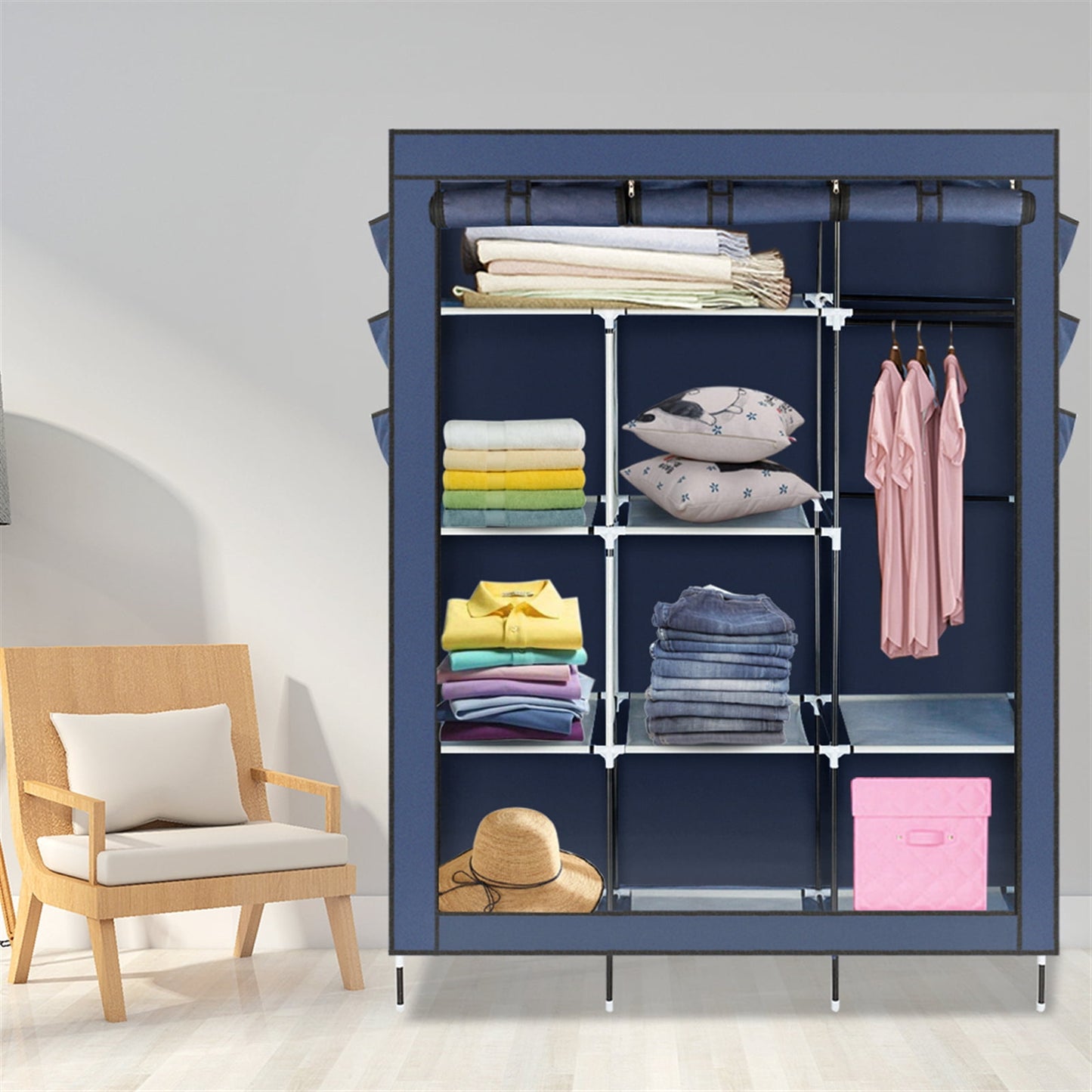 69" Cloth Wardrobe, High-leg Non-woven Fabric Assembled, Dark Blue