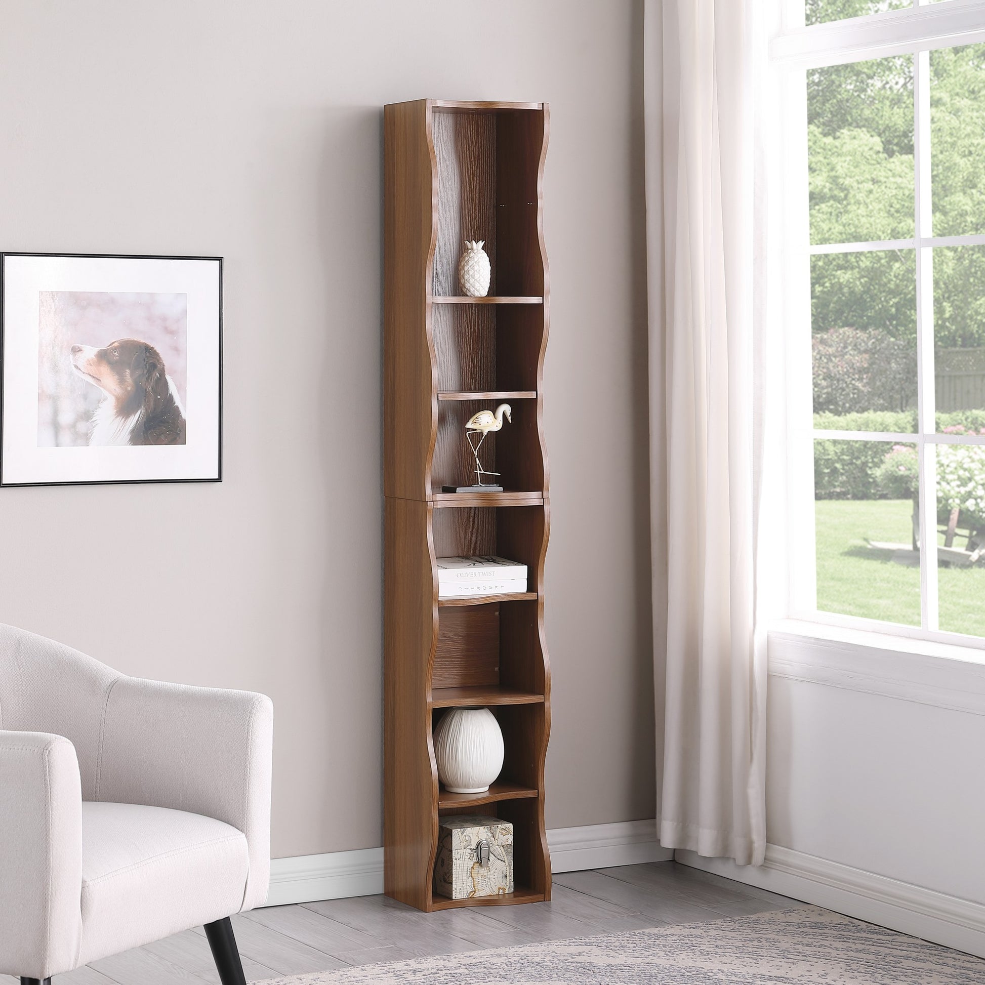 71" Tall Narrow Bookcase with Storage Cabine,8 Tier Cube Bookshelf Display Shelf Stand for Home Office, Living Room,Walnut