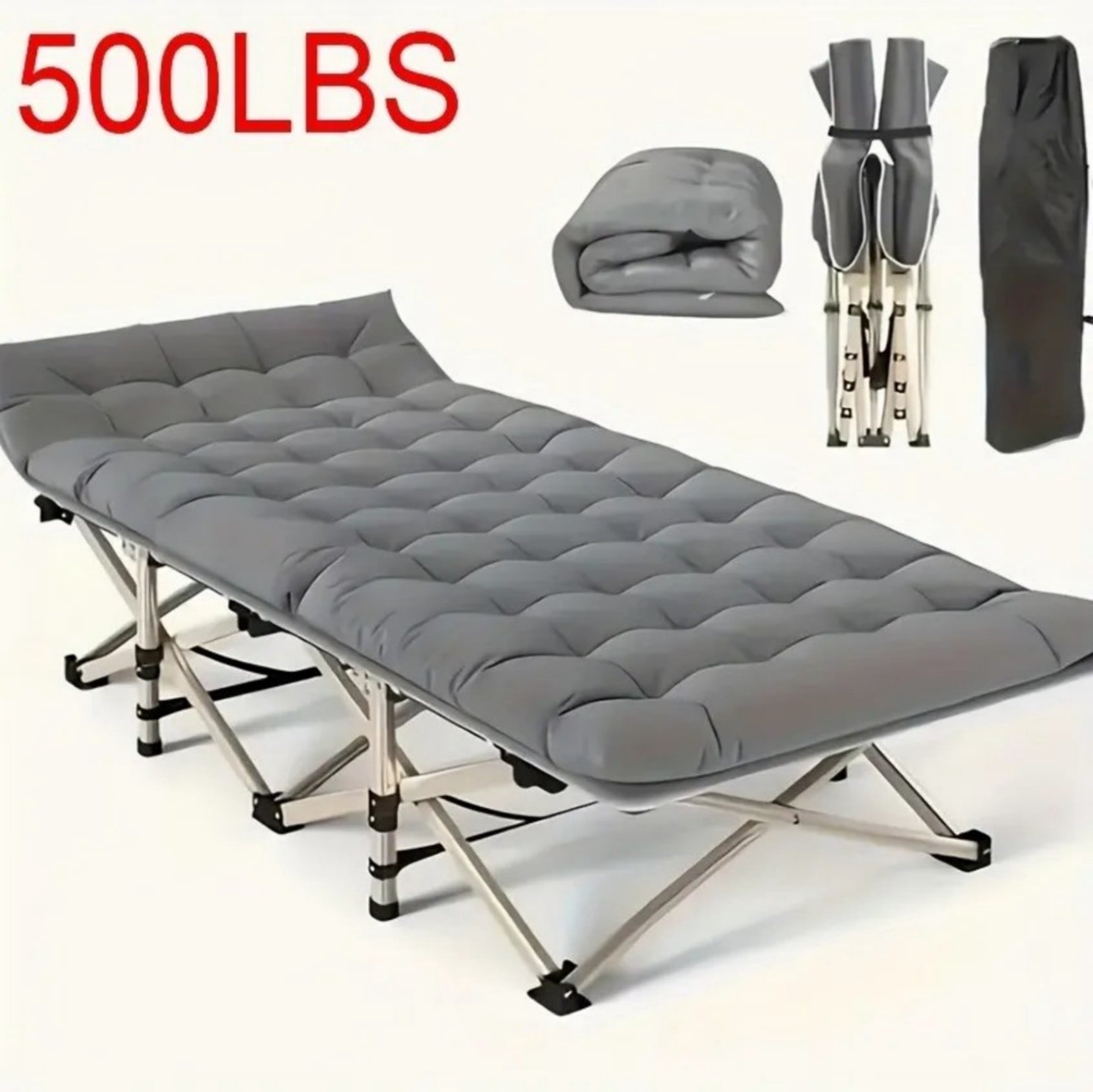 75" Folding Camping Cot with Mattress, Heavy Duty Portable Sleeping Cot Bed, 600LBS Capacity Foldable Cot with Carry Bag, Gray