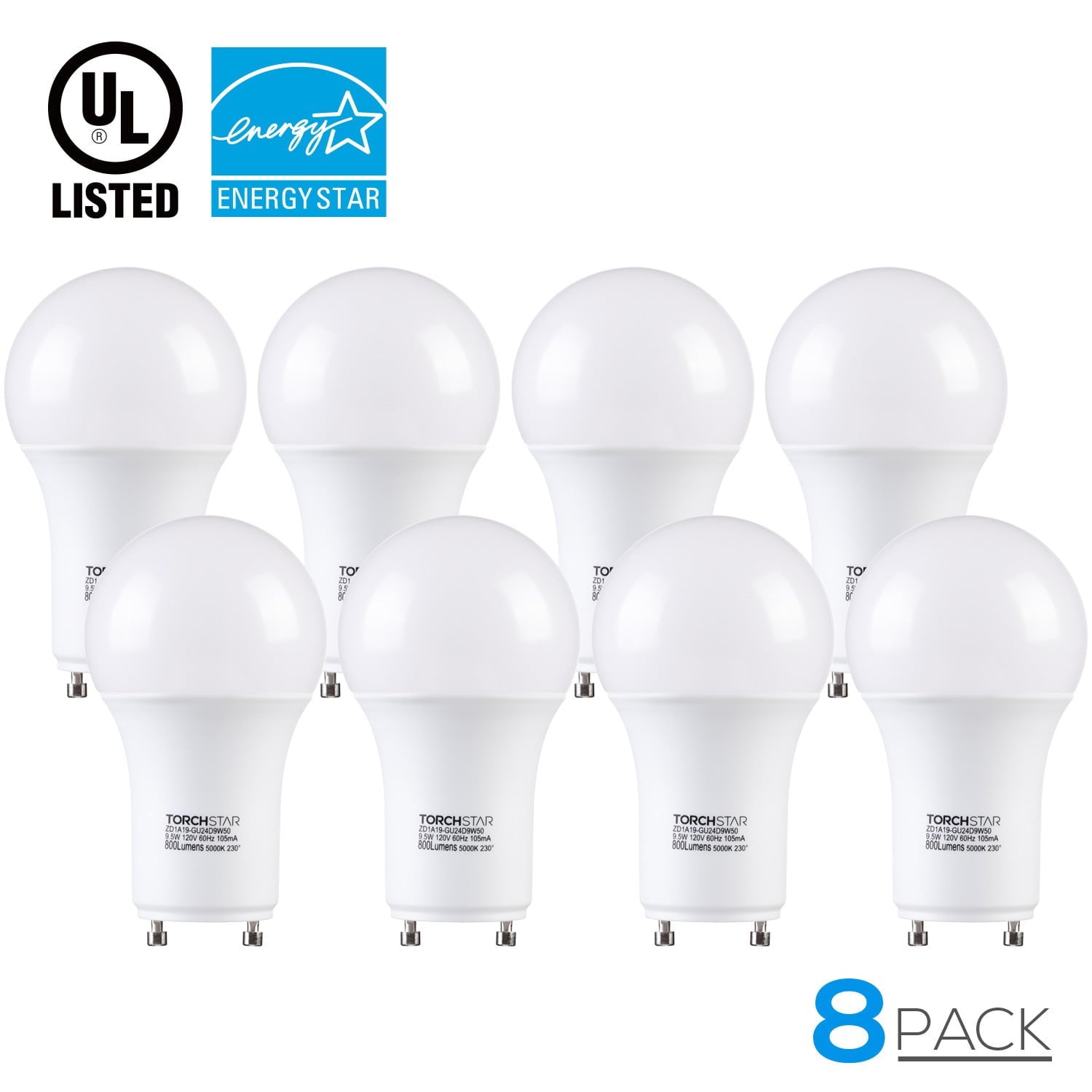 8 Pack Dimmable GU24 Base A19 Light Bulb, 9.5W LED Bulb, 60W Equivalent, for Ceiling Fans, Twist Lock GU24 Base Bulb for CFL Replacement, 5000K Daylight