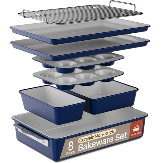 8-Piece Stackable Bakeware Set - Aluminized Steel with Ceramic Non-Stick Coating, Healthy Baking, Ergonomic Handles, Cooling Rack, Non-Toxic, Oven-Safe, Durable Quality