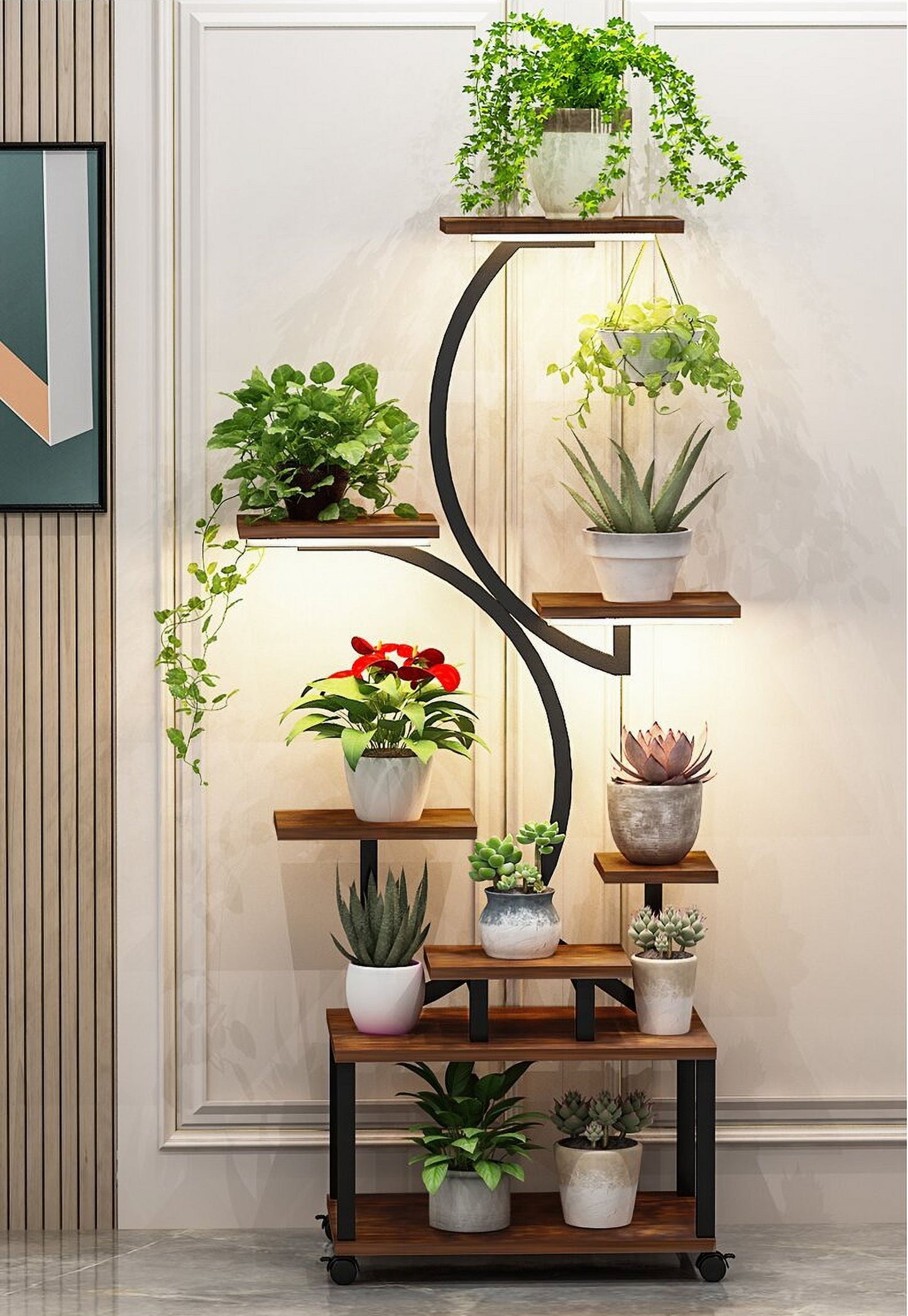 8-Tier S-Shaped Plant Stand with 3-Head Full Spectrum Grow Lights, Mobile Metal Plant Shelf with Wheels & Hanging Hook, Indoor Plant Display Rack for Home Patio