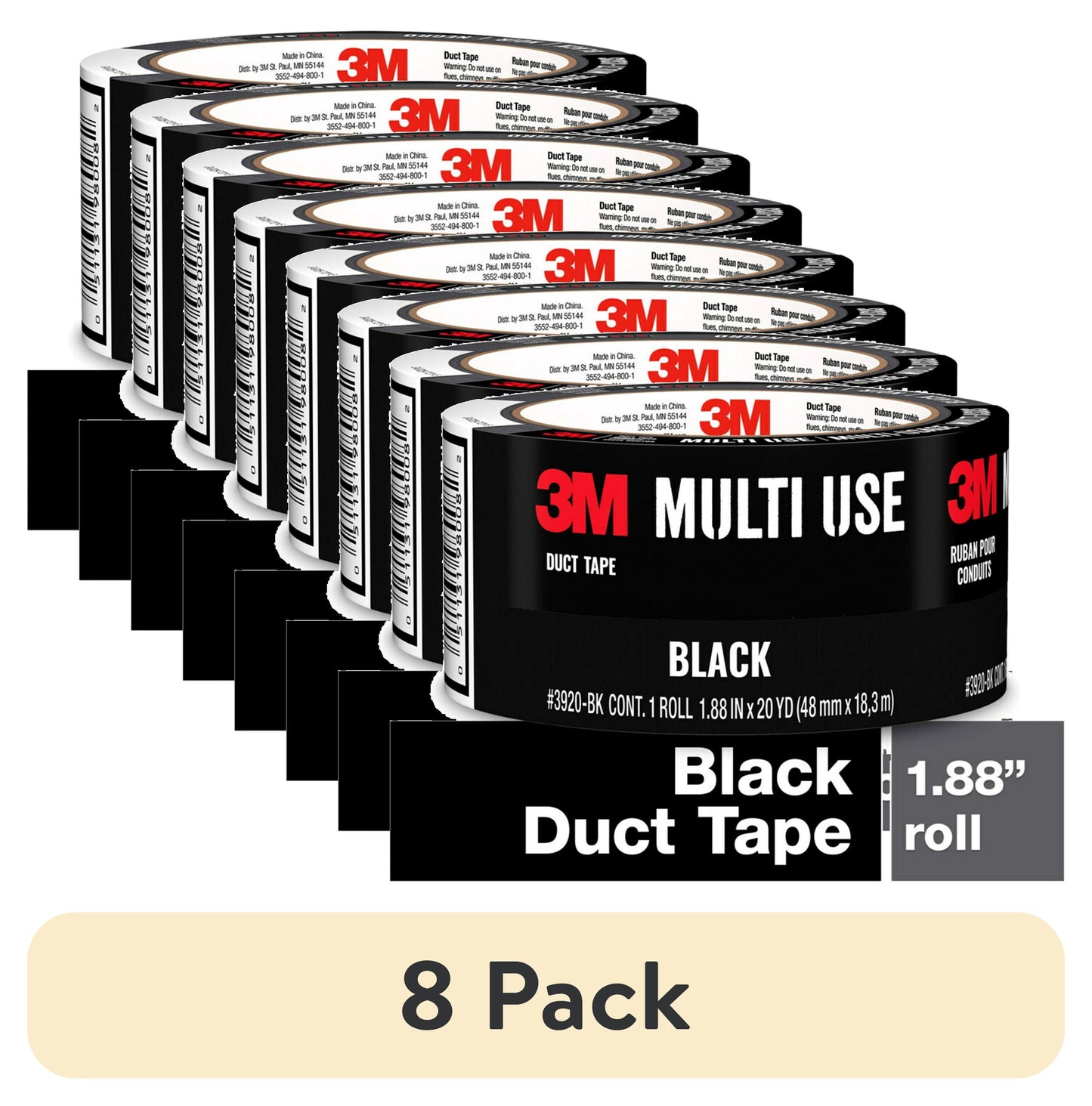 (8 pack) 3M Duct Tape, 1.88 in x 20 yd, Black, 1 Roll/Pack