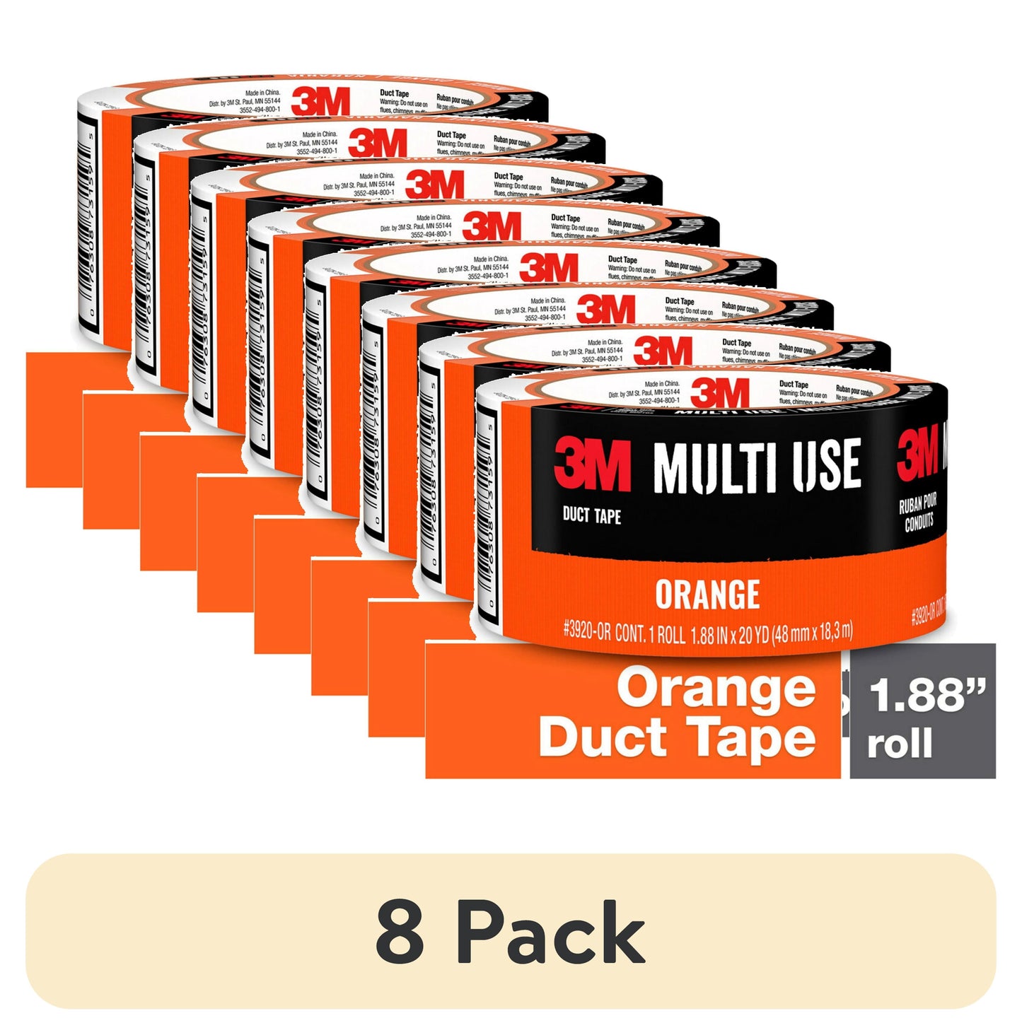 (8 pack) 3M Duct Tape, Orange, Multi Use, 1.88 in x 20 yd, 1 Roll