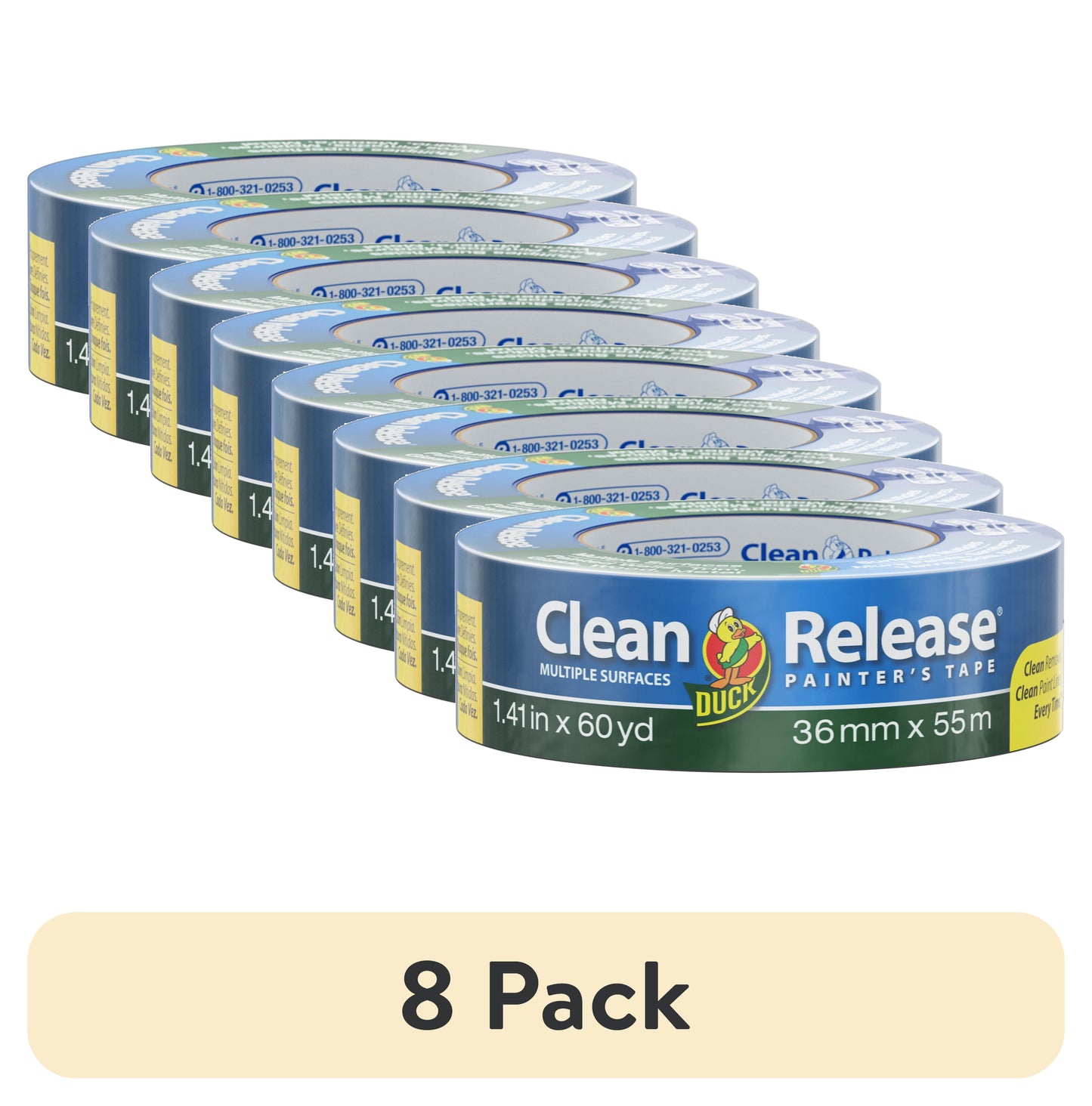 (8 pack) Duck Clean Release 1.41 in. x 60 yd. Blue Painter's Tape