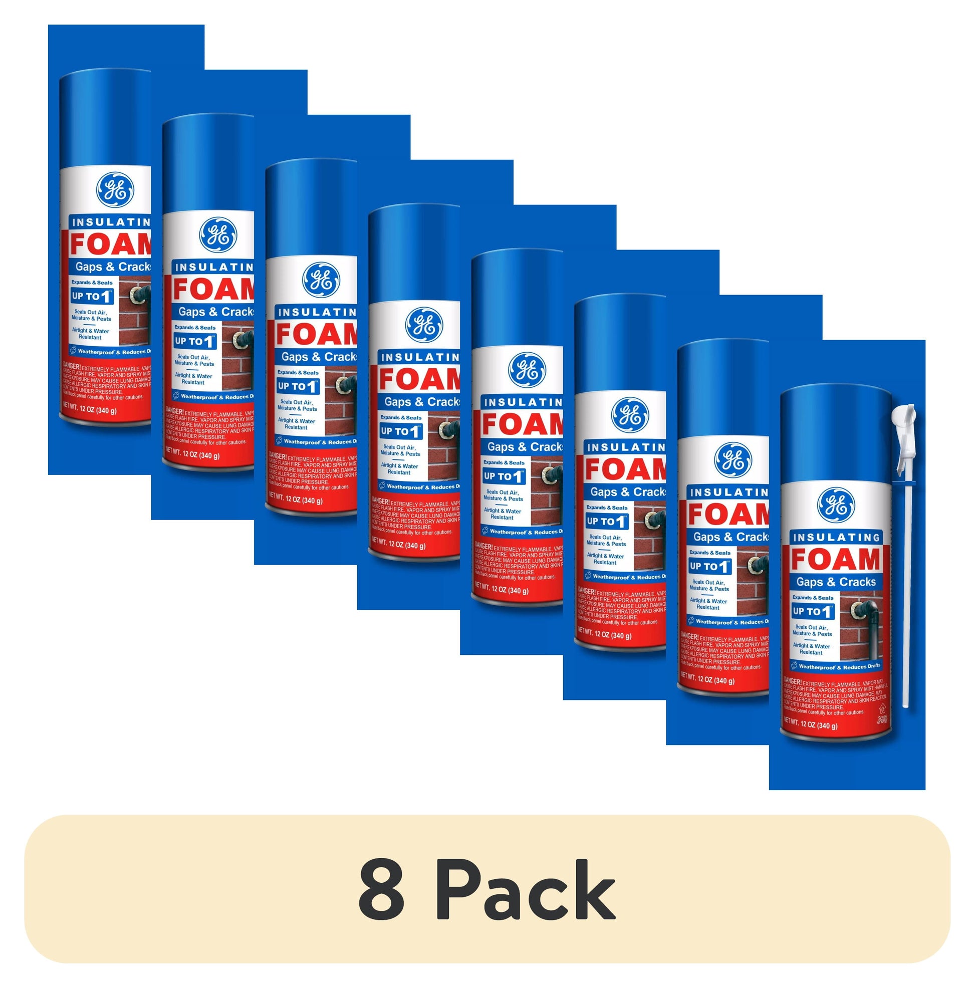 (8 pack) GE Espuma Aislante para Huecos y Grietas, Paquete de 1, Lata Amarilla de 12 oz