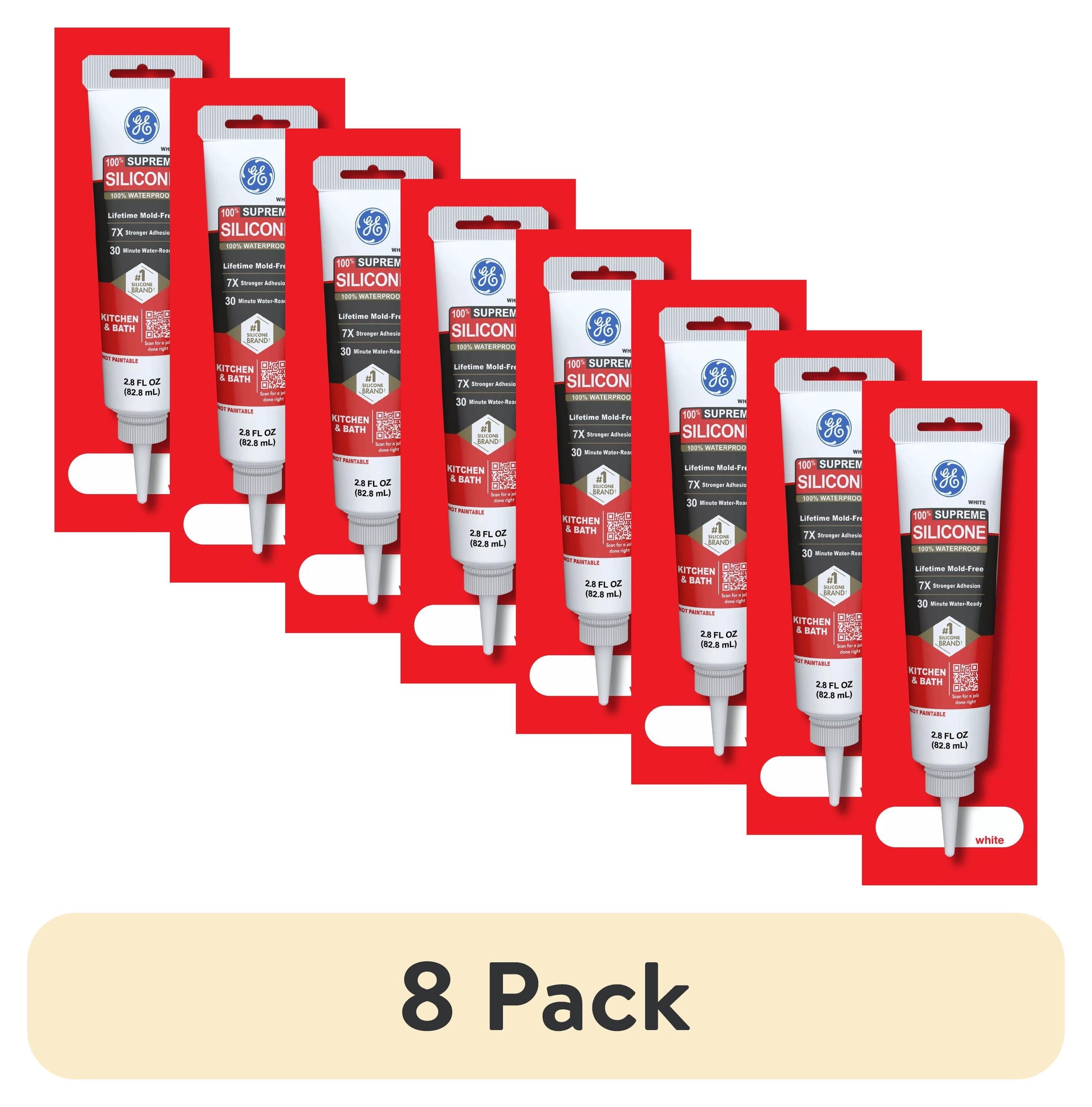 (8 pack) GE Supreme Silicone Kitchen & Bath Sealant, Pack of 1, White 2.8 fl oz Tube