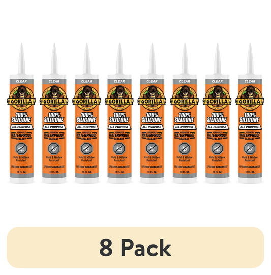 (8 pack) Gorilla Waterproof Caulk & Seal Silicone Sealant, 10oz Cartridge - Clear Caulking Sealant for Kitchen, Window, Bath, Marine, Door and More