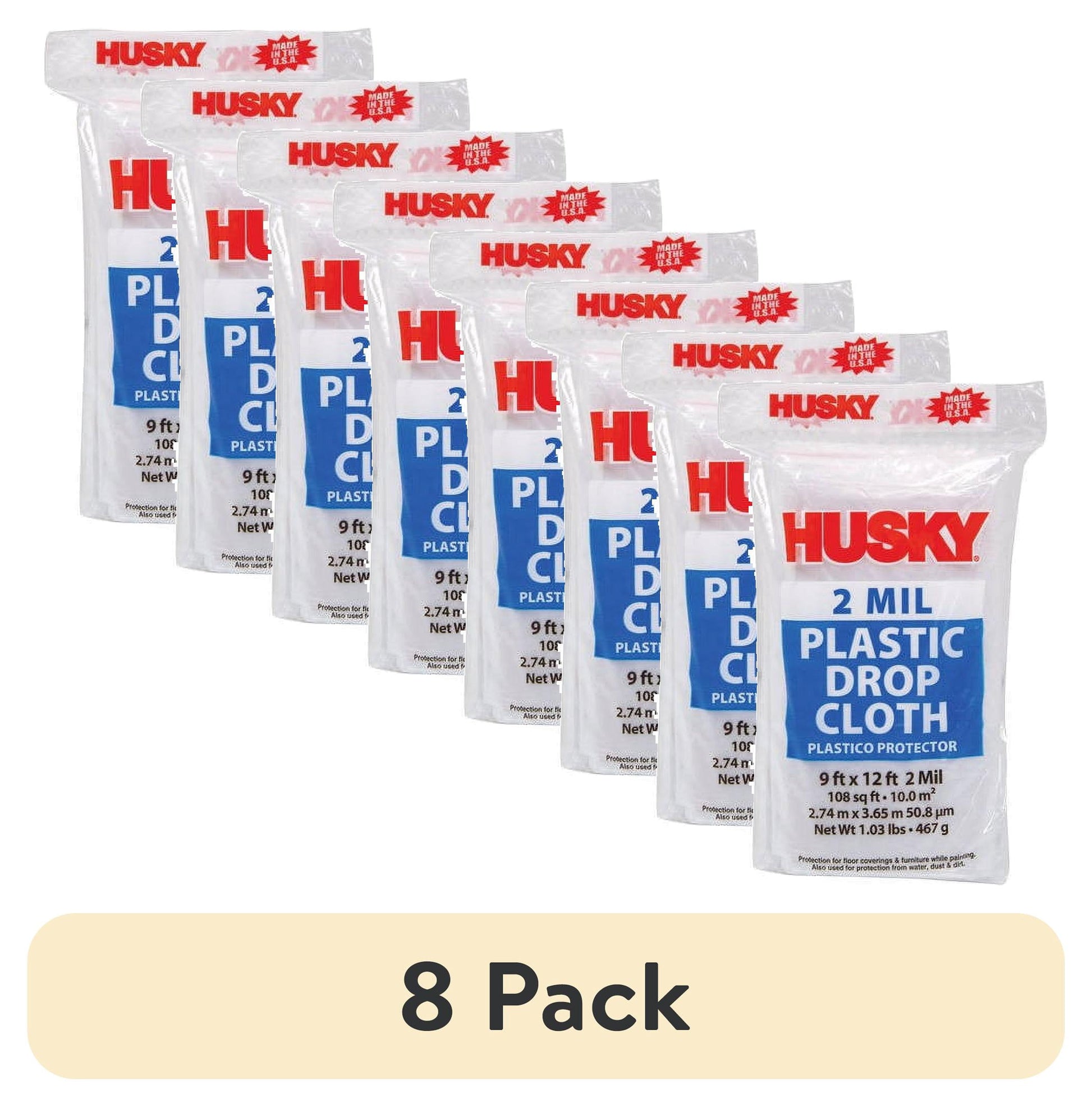 (8 pack) Husky 2 Mil Clear Plastic Drop Cloth, 9 ft. x 12 ft.