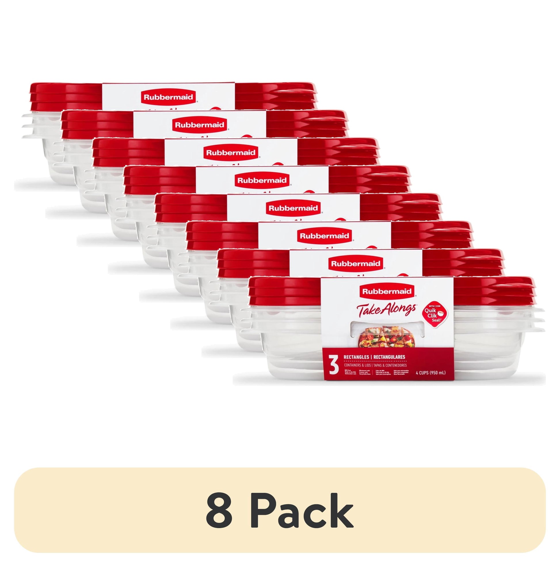 (8 pack) Rubbermaid TakeAlongs 4.0-Cup Rectangle Food Storage Containers, Ruby Red, 3 pack