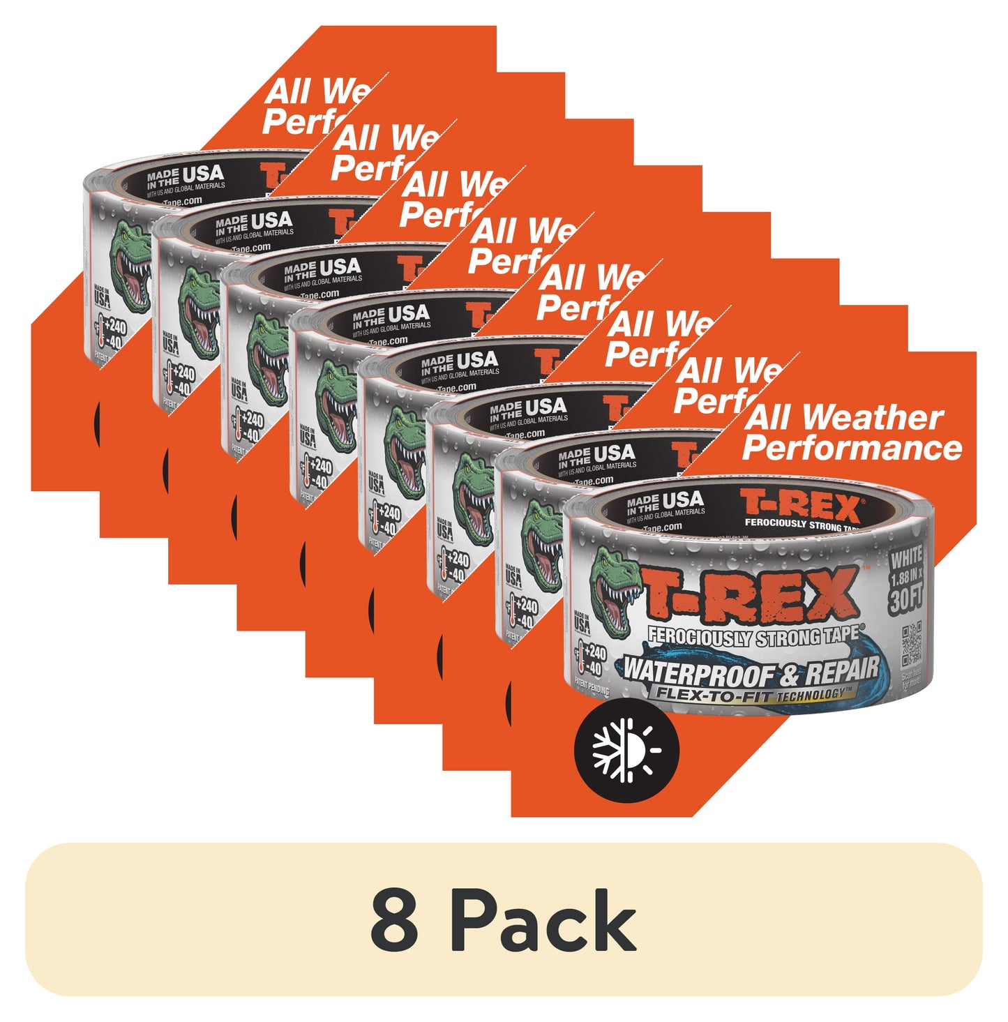 (8 pack) T-Rex Ferociously Strong White Waterproof and Repair Tape 1.88 in x 10 yd
