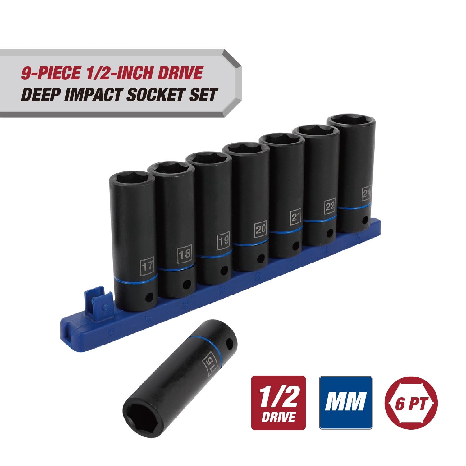 Hyper Tough 9-Piece 1/2-inch Drive Deep Metric Impact Socket Set (mm)