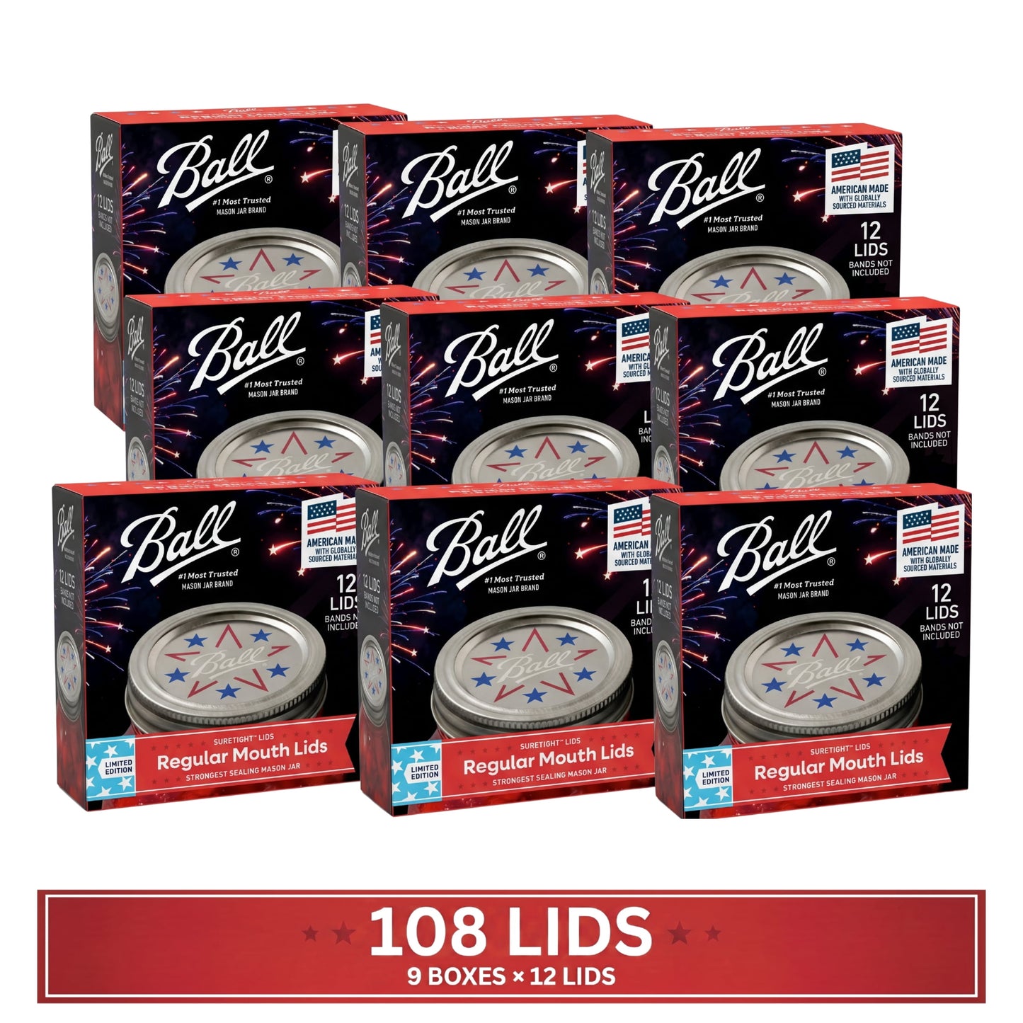 (9 pack) Ball Limited Edition Americana Mason Jar Lids, Regular Mouth Lids for Mason Jars, 12 Pack