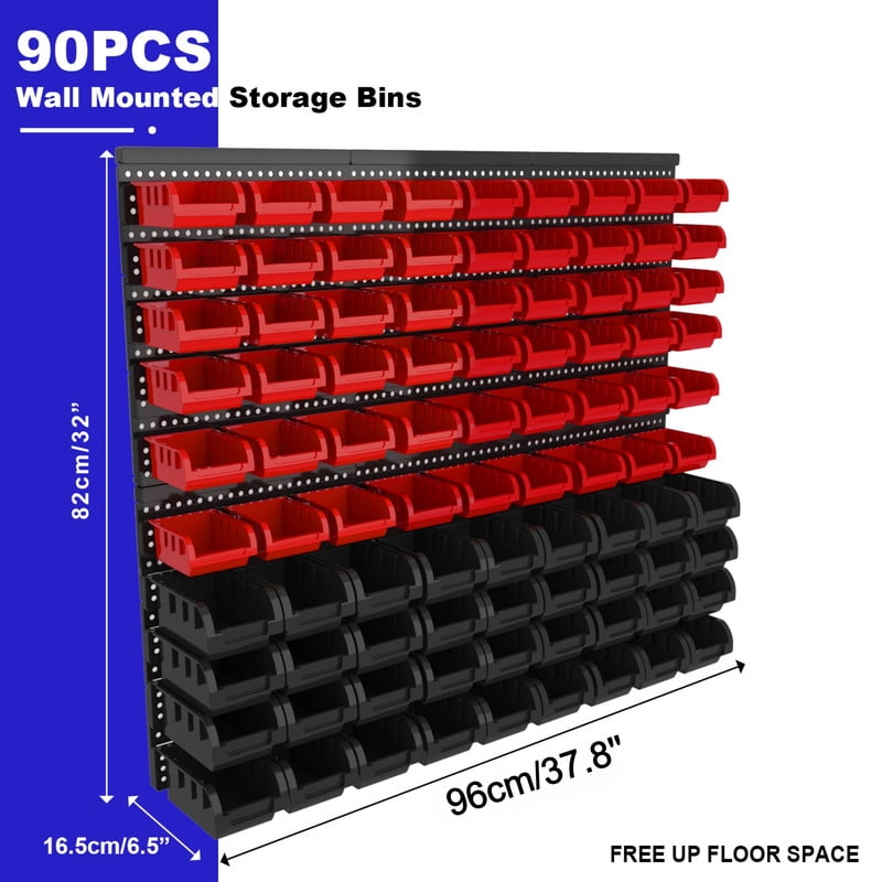 90 Pcs Wall Mounted Storage Bins with 6 Peg Boards Set, Garage Organizer Storage Shelf Unit
