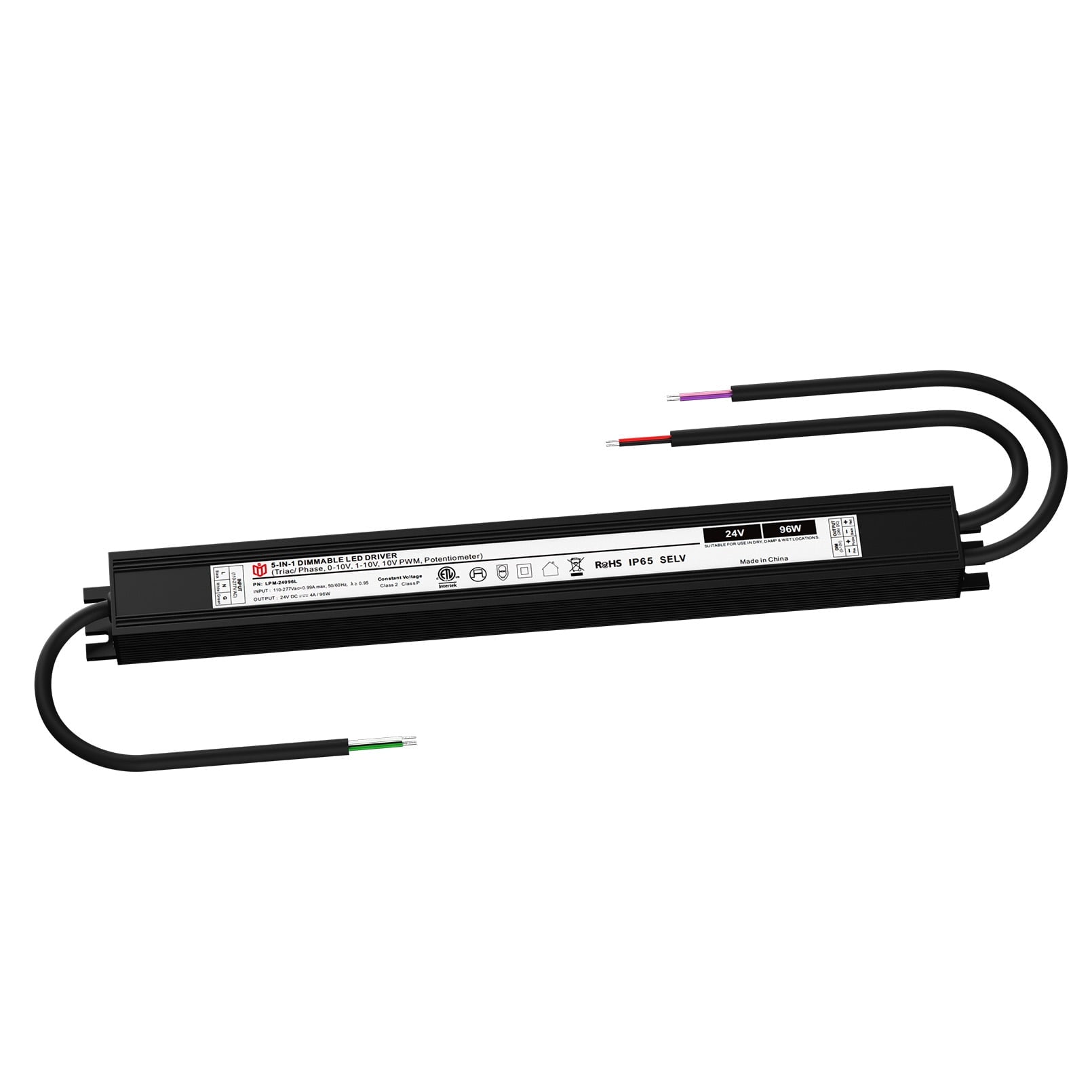 96W 24V 5-in-1 Ultra-Slim Outdoor LED Driver, 110-277V AC to 24V DC Power Supply Transformer for Landscape Sign Light, Compatible with TRIAC/ELV/0-10V/1-10V/PWM, Class 2, Class P