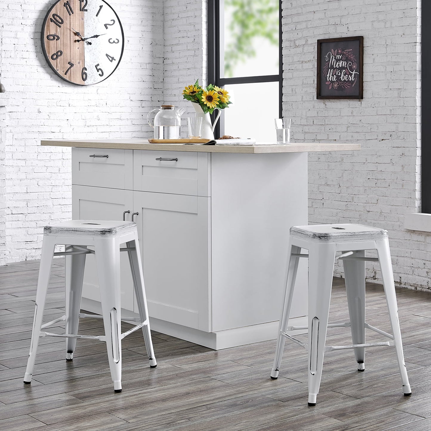AC Pacific 24â€ Metal Backless Barstool Set of 2 â€“ Country Rustic Style, Lightweight & Sturdy Build, Easy Assembly â€“ Distressed Matte White