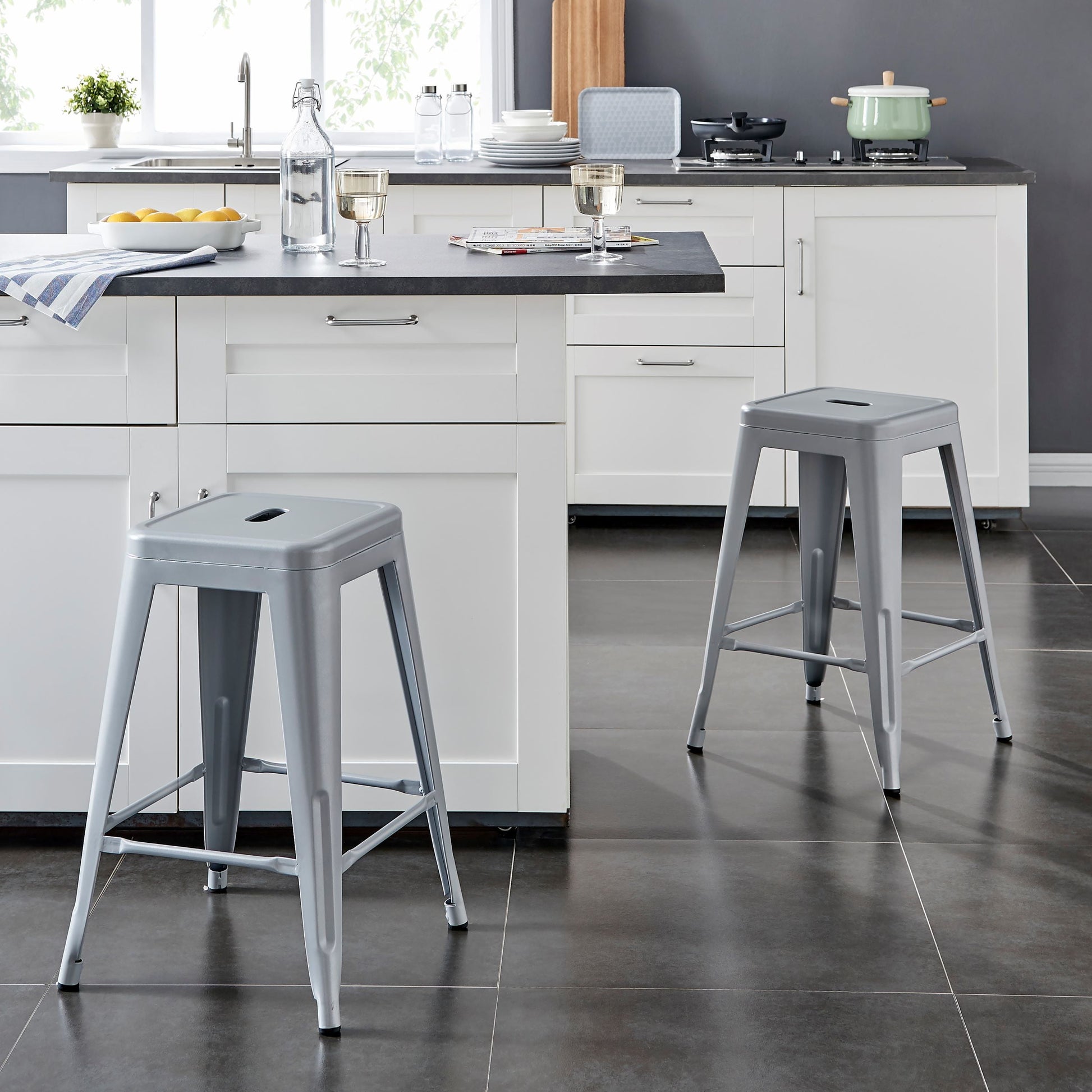 AC Pacific 24â€ Metal Backless Barstool Set of 2 â€“ Country Rustic Style, Lightweight & Sturdy Build, Easy Assembly â€“ Matte Silver