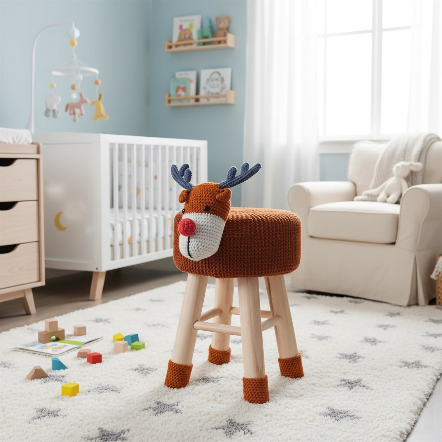 AC Pacific Children's Woven Deer Ottoman Stool with Wooden Legs, Brown