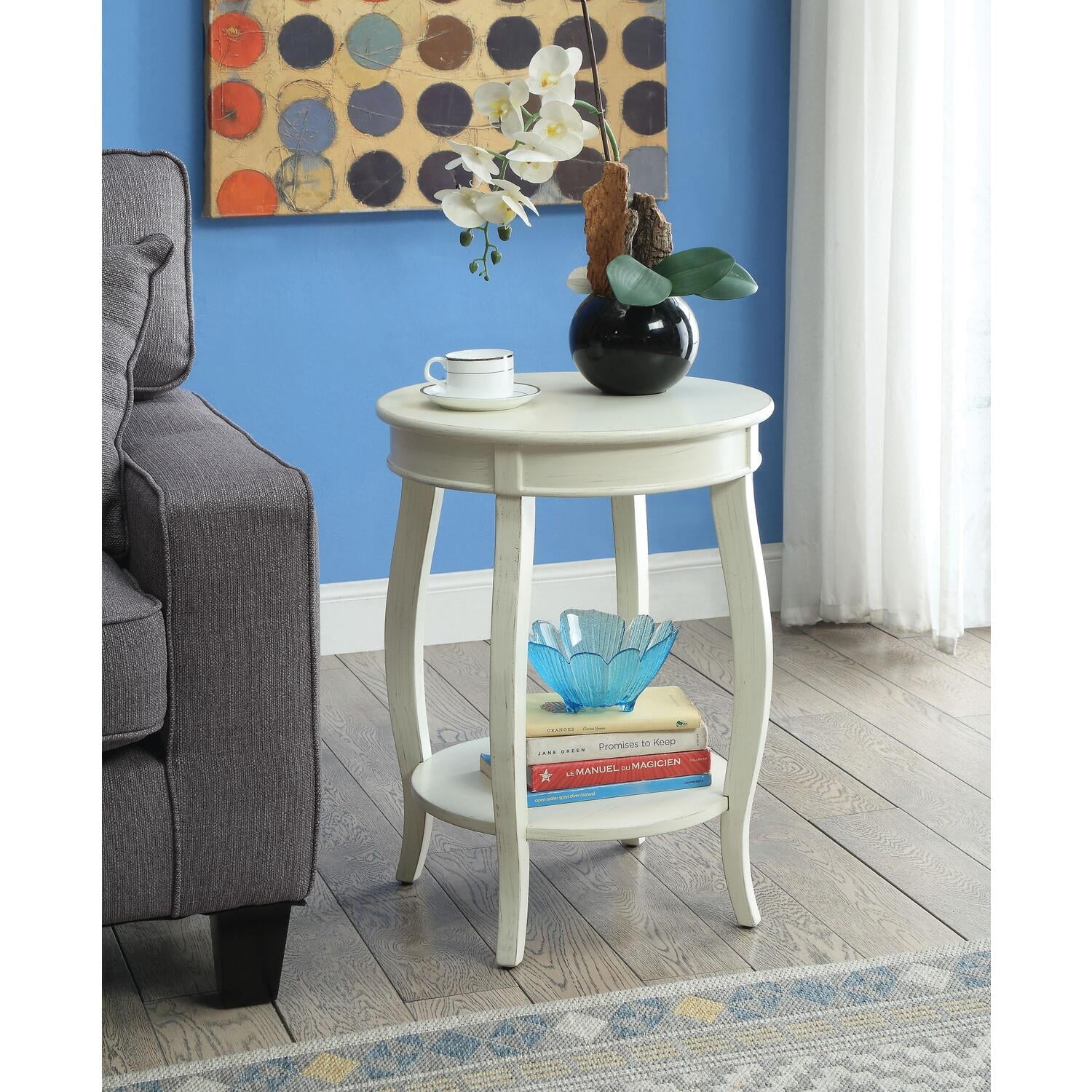 ACME Aberta Round Wooden End Table with Bottom Shelf in Antique White