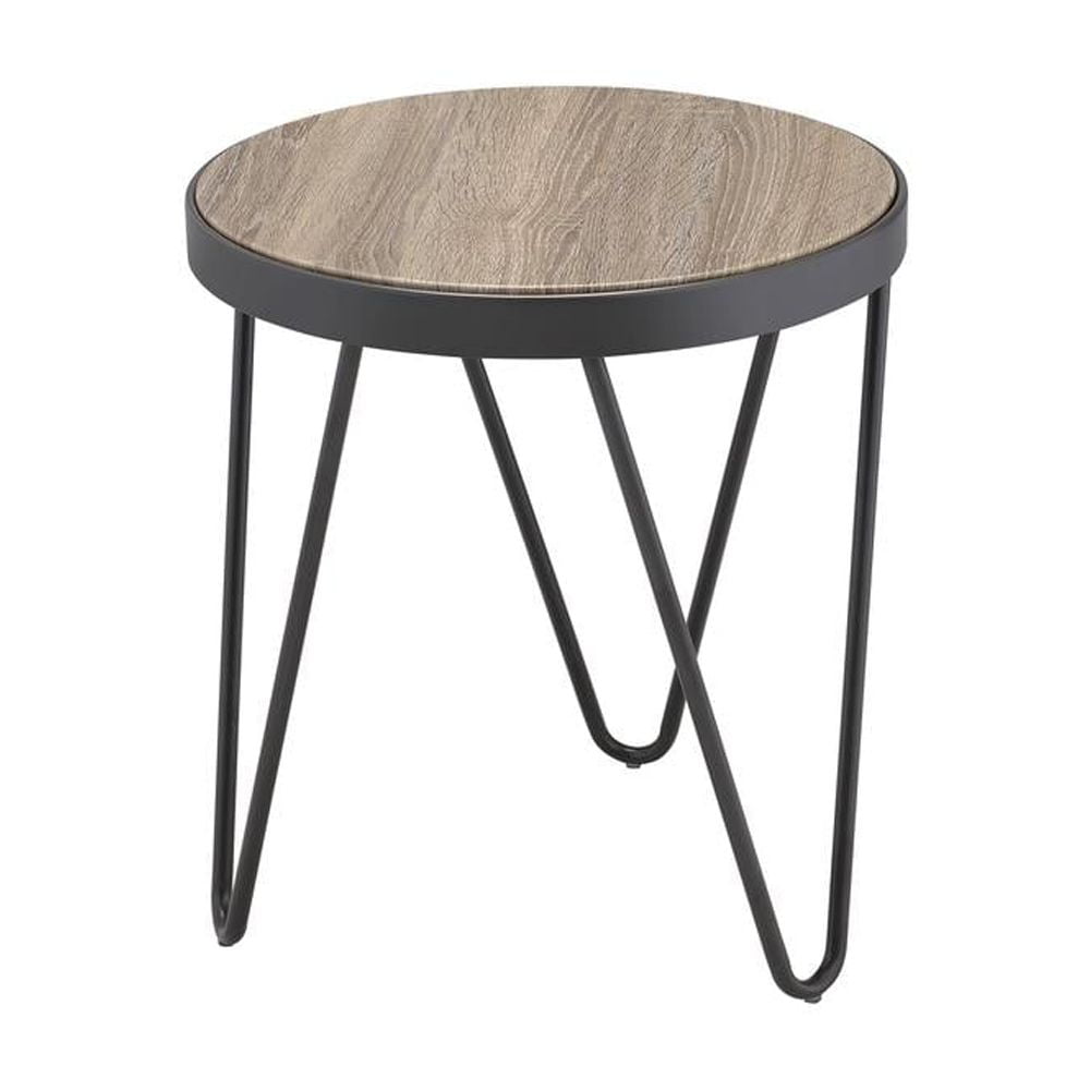 ACME Bage Round Wooden Top End Table in Weathered Gray Oak