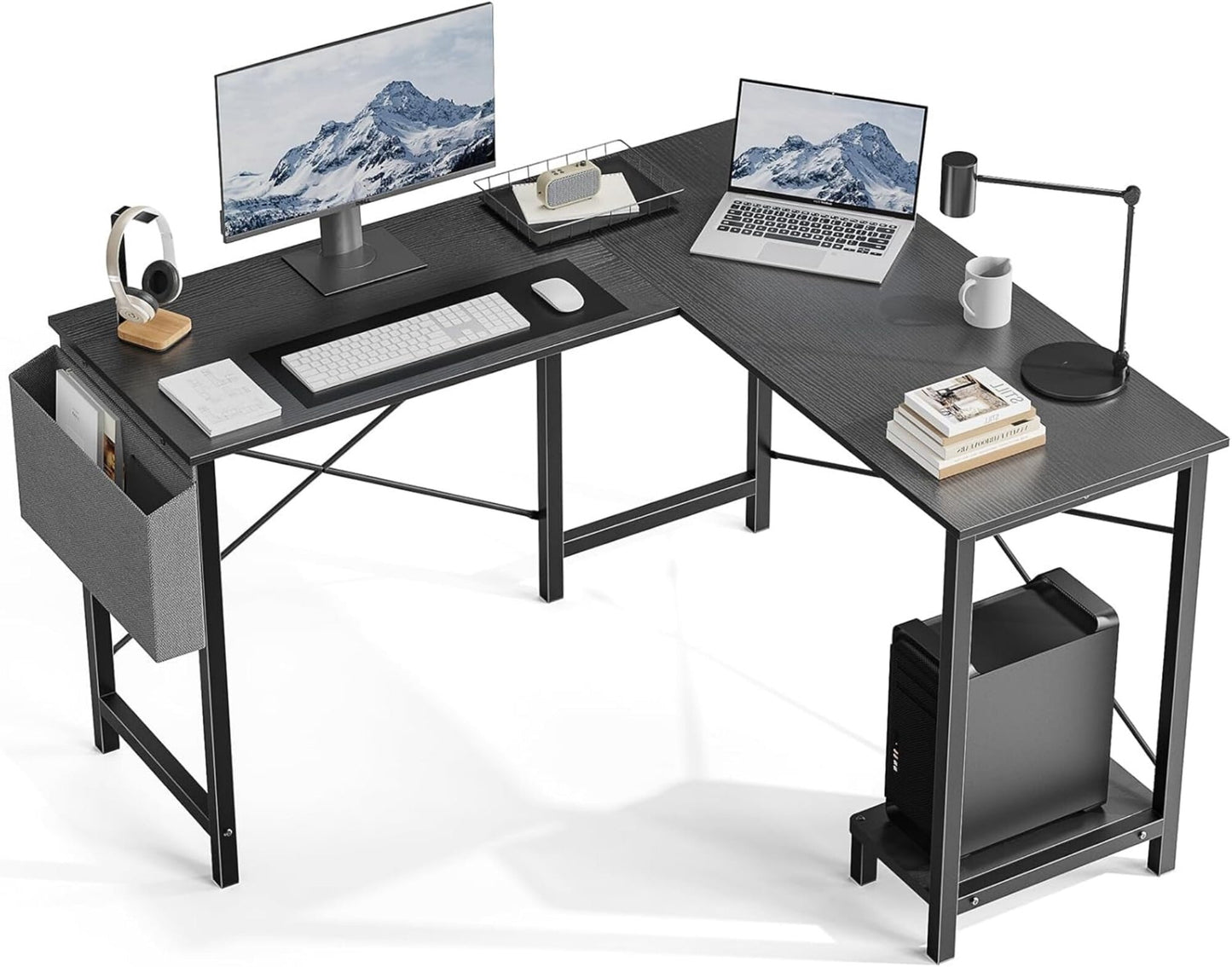 AENKYO 50" Reversible L-Shaped Computer Desk with Storage Bag & CPU Stand, Corner Desk for Home Office or Gaming, Black